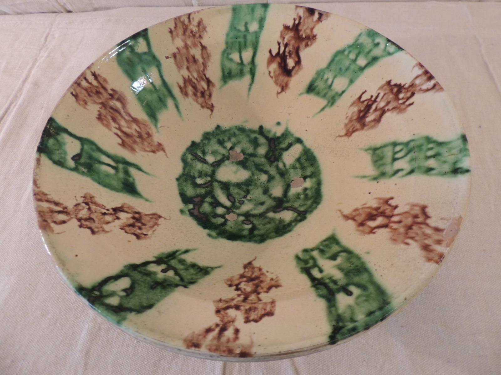 Spanish Antique Green and Brown Glazed Terracotta Bowl