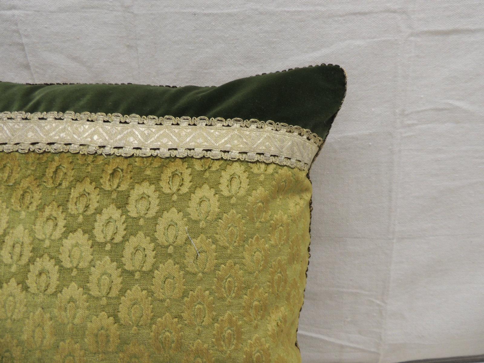 Regency Antique Green and Gold Gaufrage Silk Velvet Square Decorative Pillow