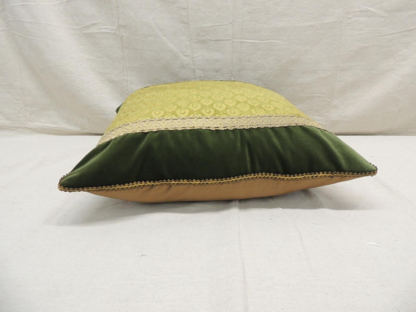 French Antique Green and Gold Gaufrage Silk Velvet Square Decorative Pillow