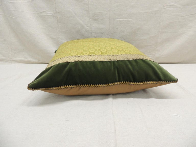 Hand-Crafted Antique Green and Gold Gaufrage Silk Velvet Square Decorative Pillow For Sale