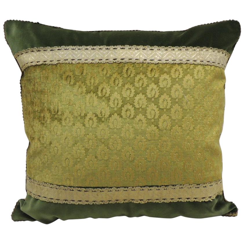 Antique Green and Gold Gaufrage Silk Velvet Square Decorative Pillow