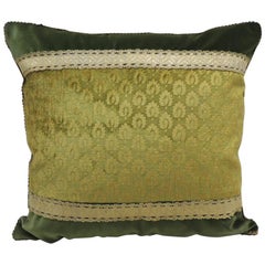 Antique Green and Gold Gaufrage Silk Velvet Square Decorative Pillow