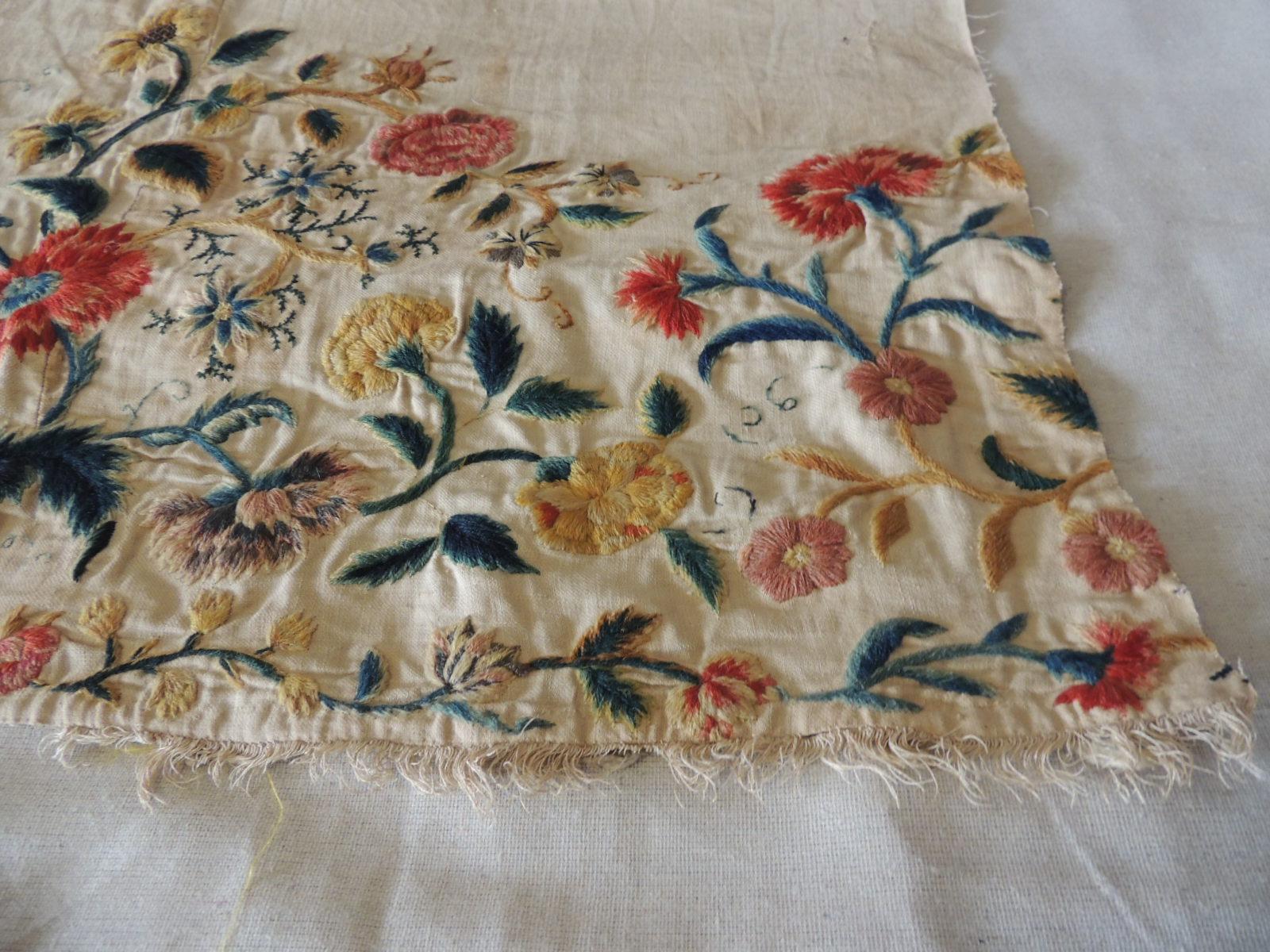 Victorian Antique Green and Red Crewel Work Embroidery Floral Textile Panel