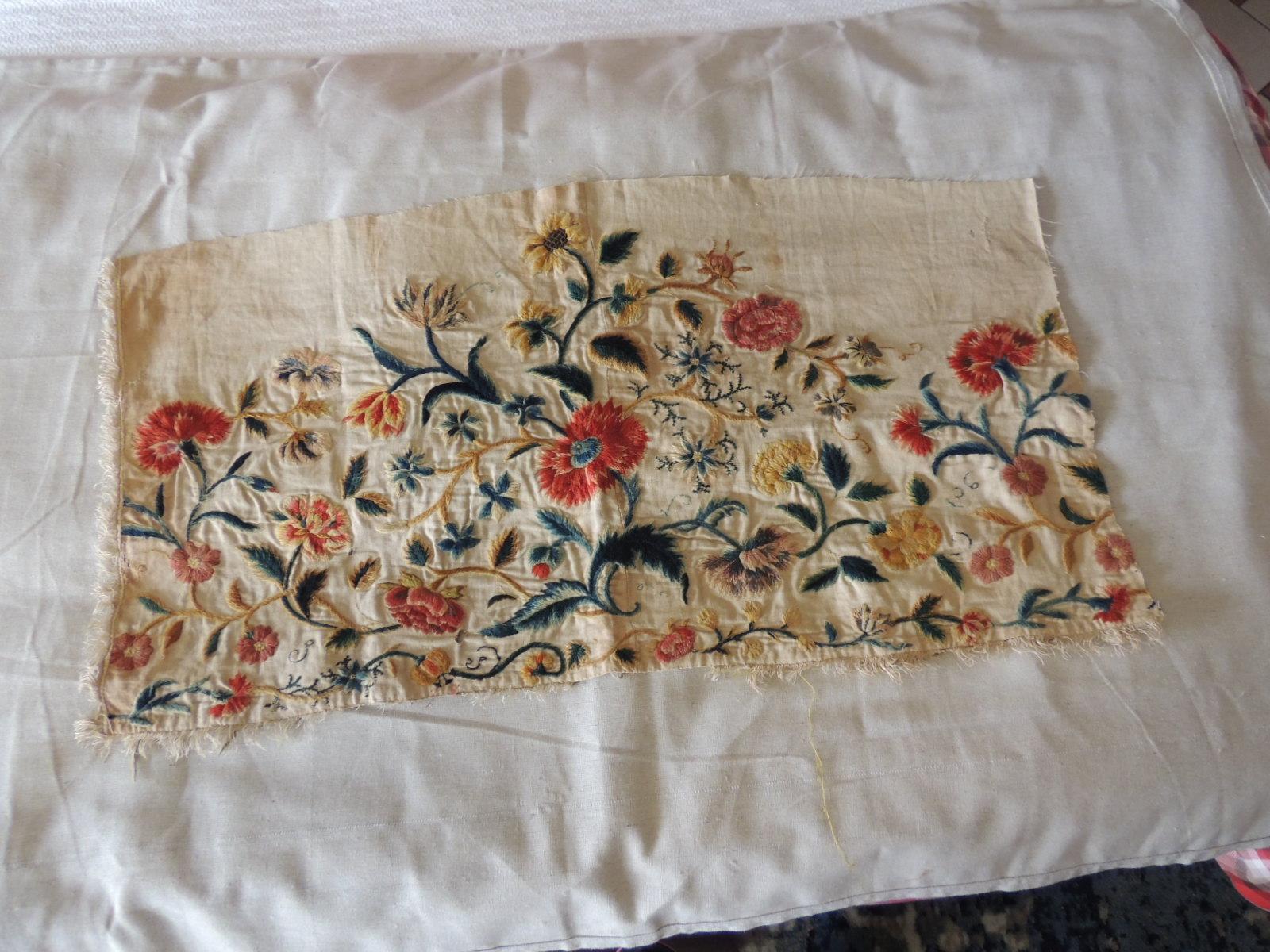 Antique Green and Red Crewel Work Embroidery Floral Textile Panel In Good Condition In Oakland Park, FL