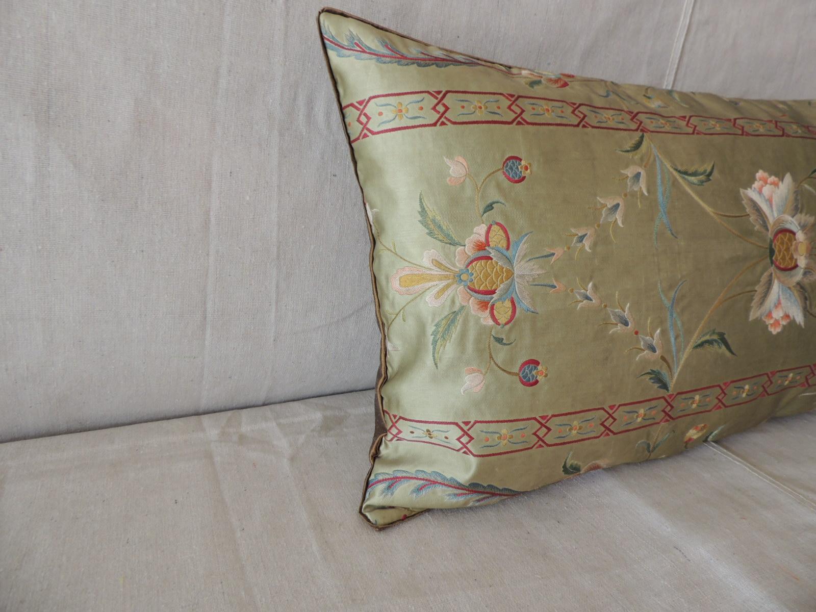 Antique green and red silk embroidered bolster decorative pillow.
This pillow was made from an Italian Chasuble panel.
Small custom ATG golden silk trim all around and same silk backing.
Decorative pillow handcrafted and designed in the
