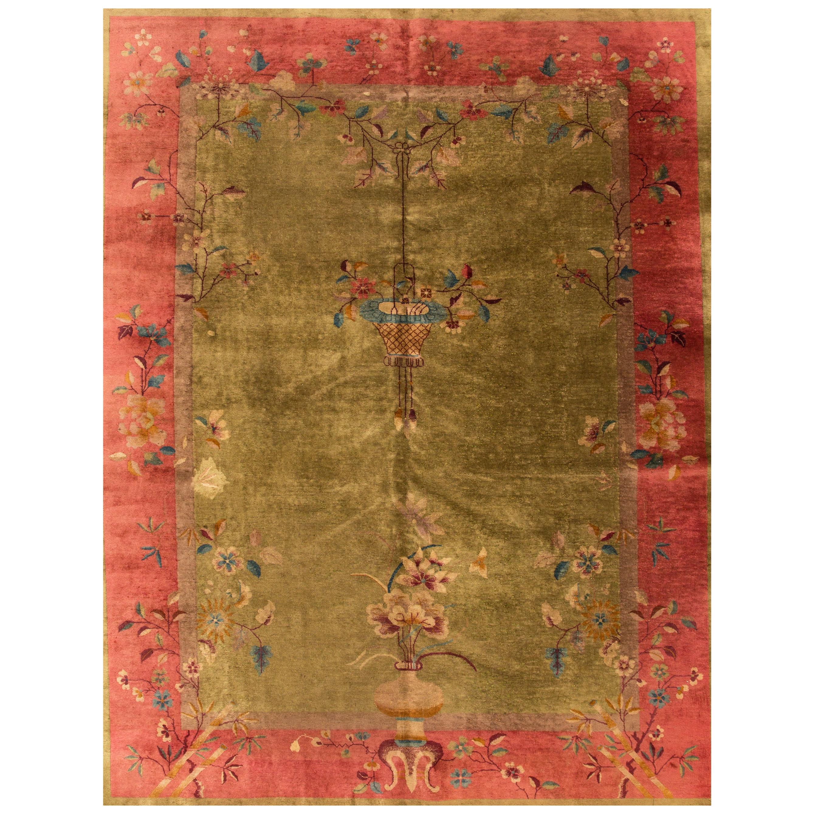 Antique Green Art Deco Chinese Wool Rug For Sale