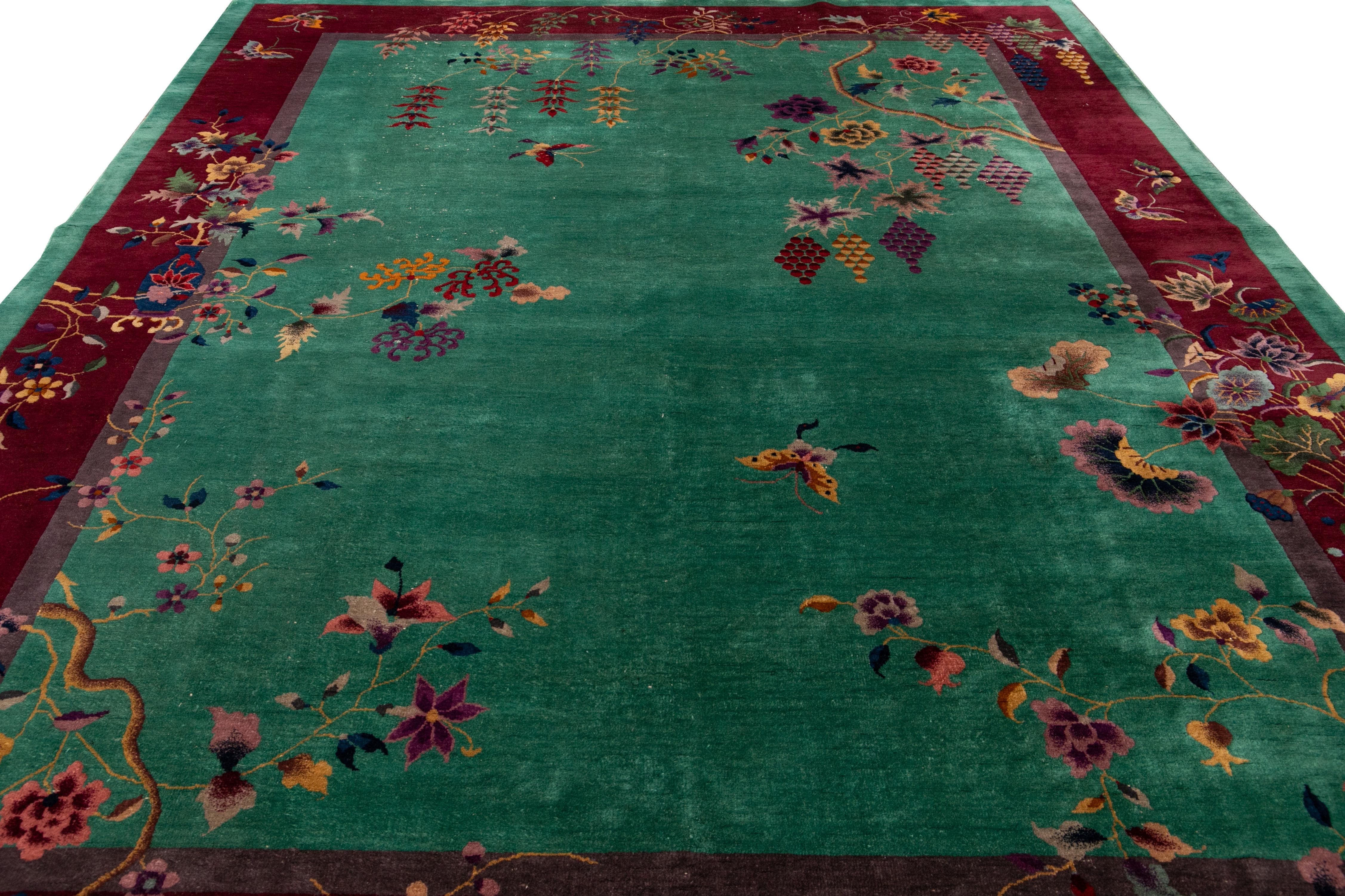 Hand-Knotted Antique Green Art Deco Chinese Wool Rug For Sale