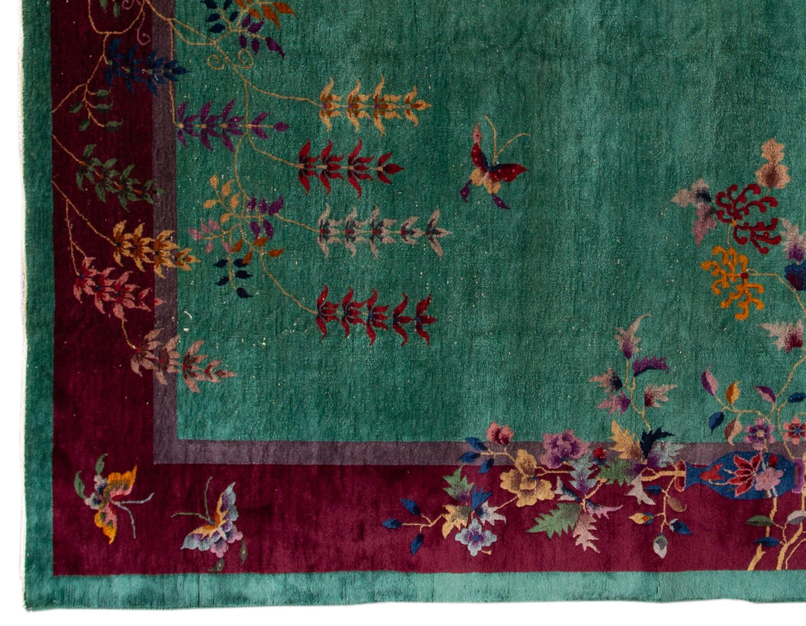 Antiker grüner Art Deco Teppich aus chinesischer Wolle (Chinesisch) im Angebot