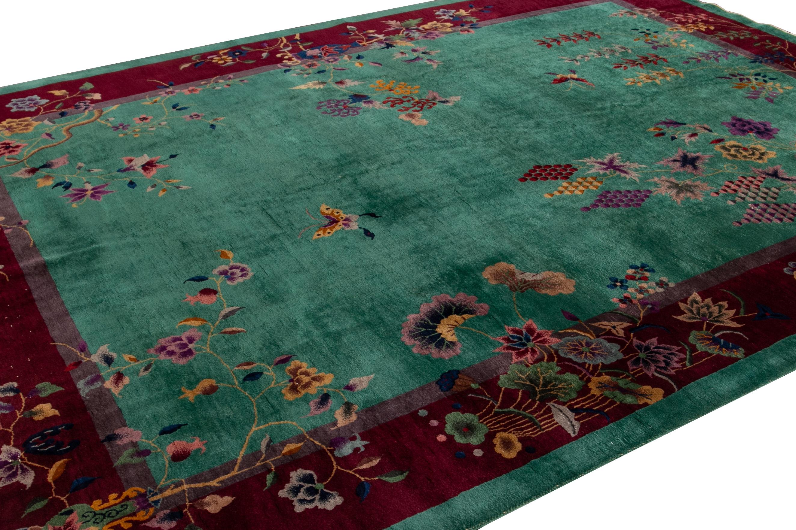 Other Antique Green Art Deco Chinese Wool Rug For Sale