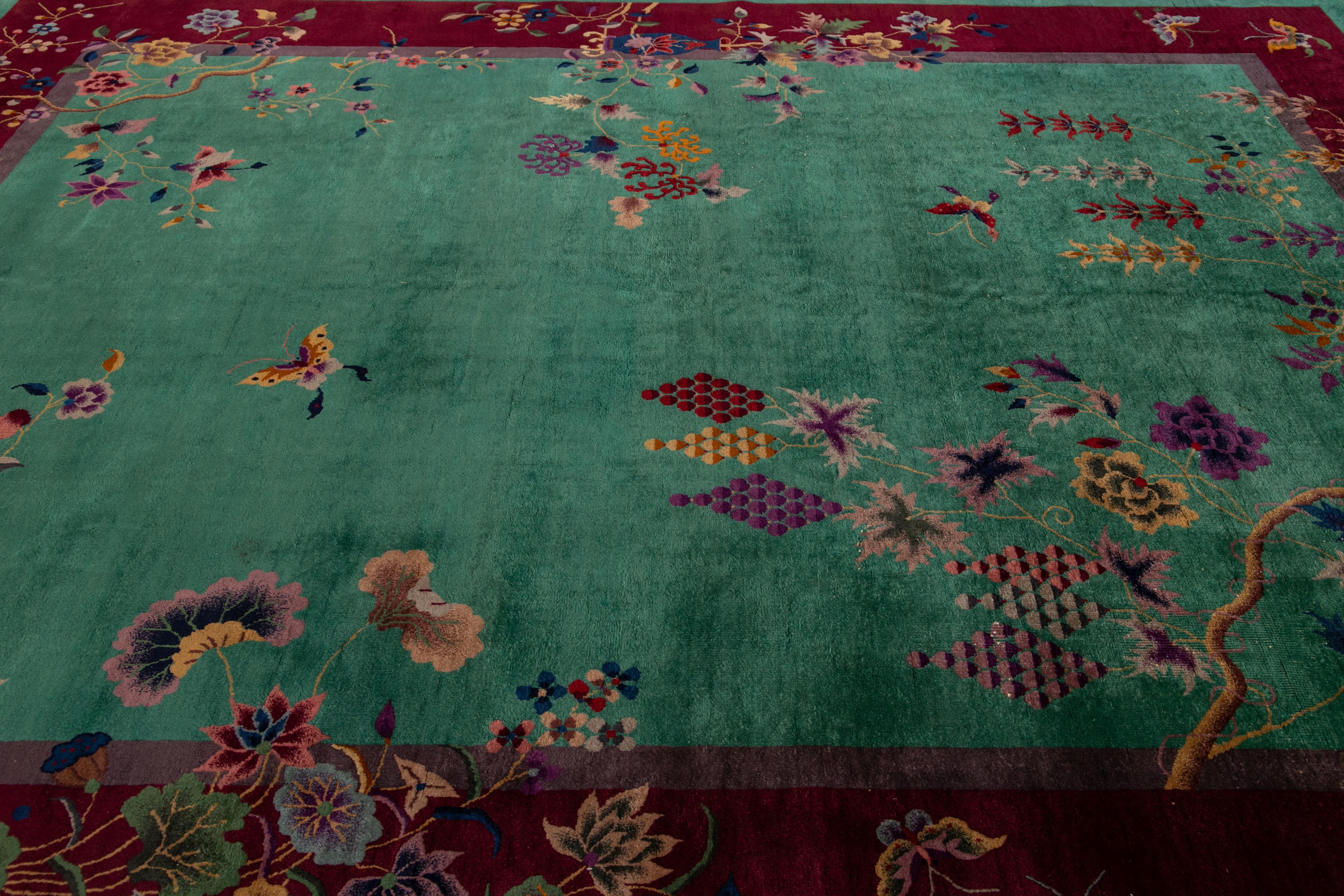 Antique Green Art Deco Chinese Wool Rug For Sale 1