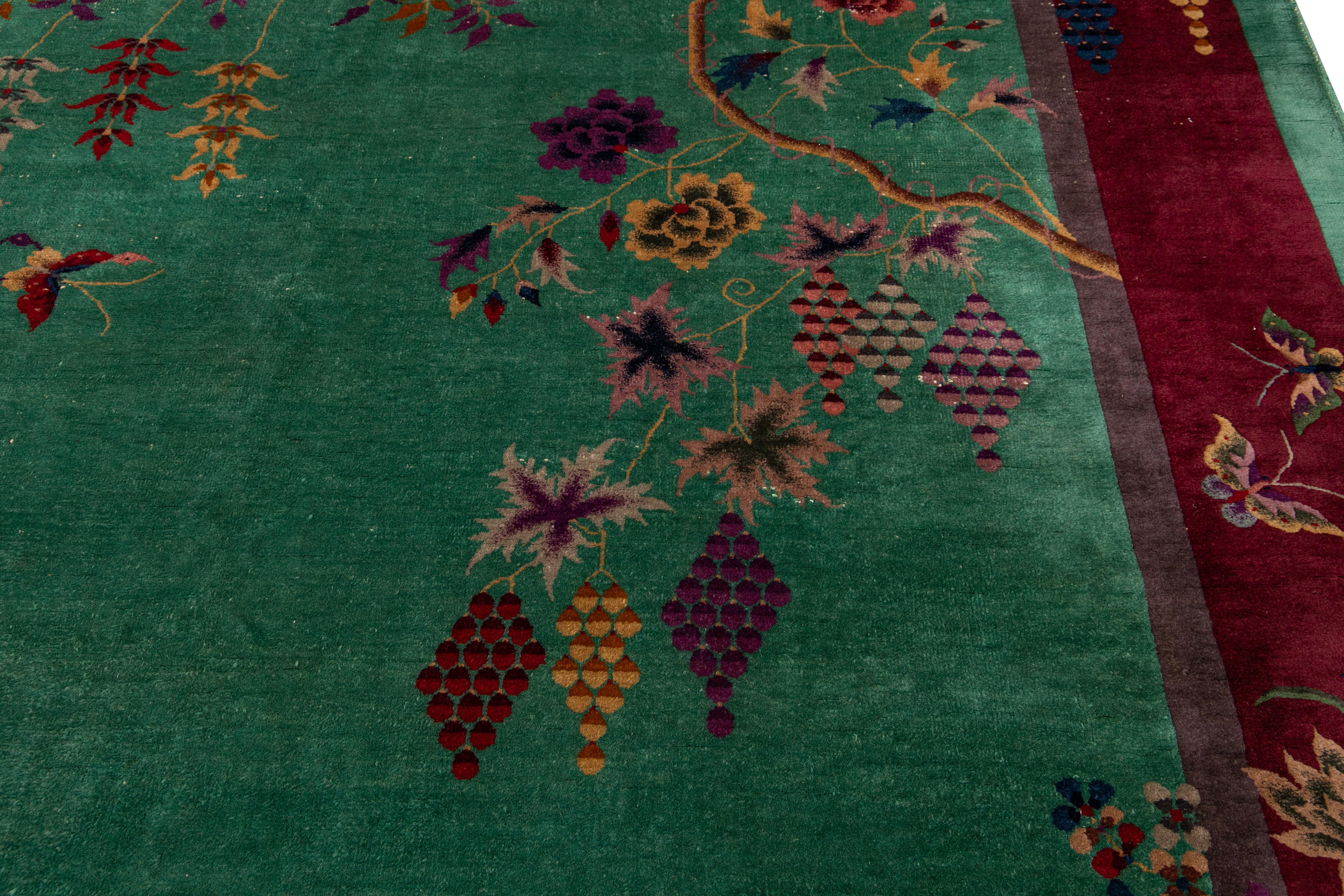 Antique Green Art Deco Chinese Wool Rug For Sale 2