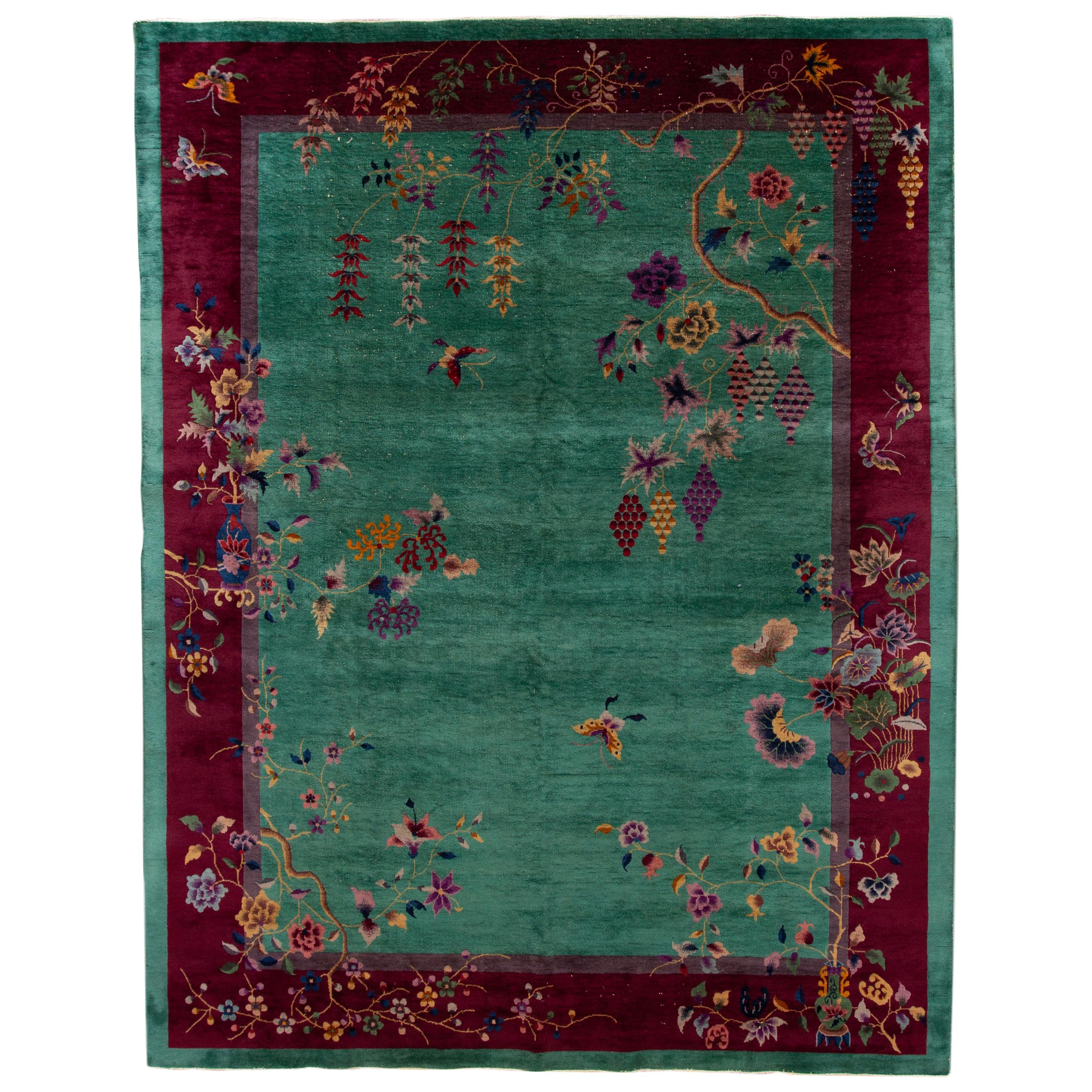 Antique Green Art Deco Chinese Wool Rug For Sale