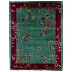 Antique Green Art Deco Chinese Wool Rug