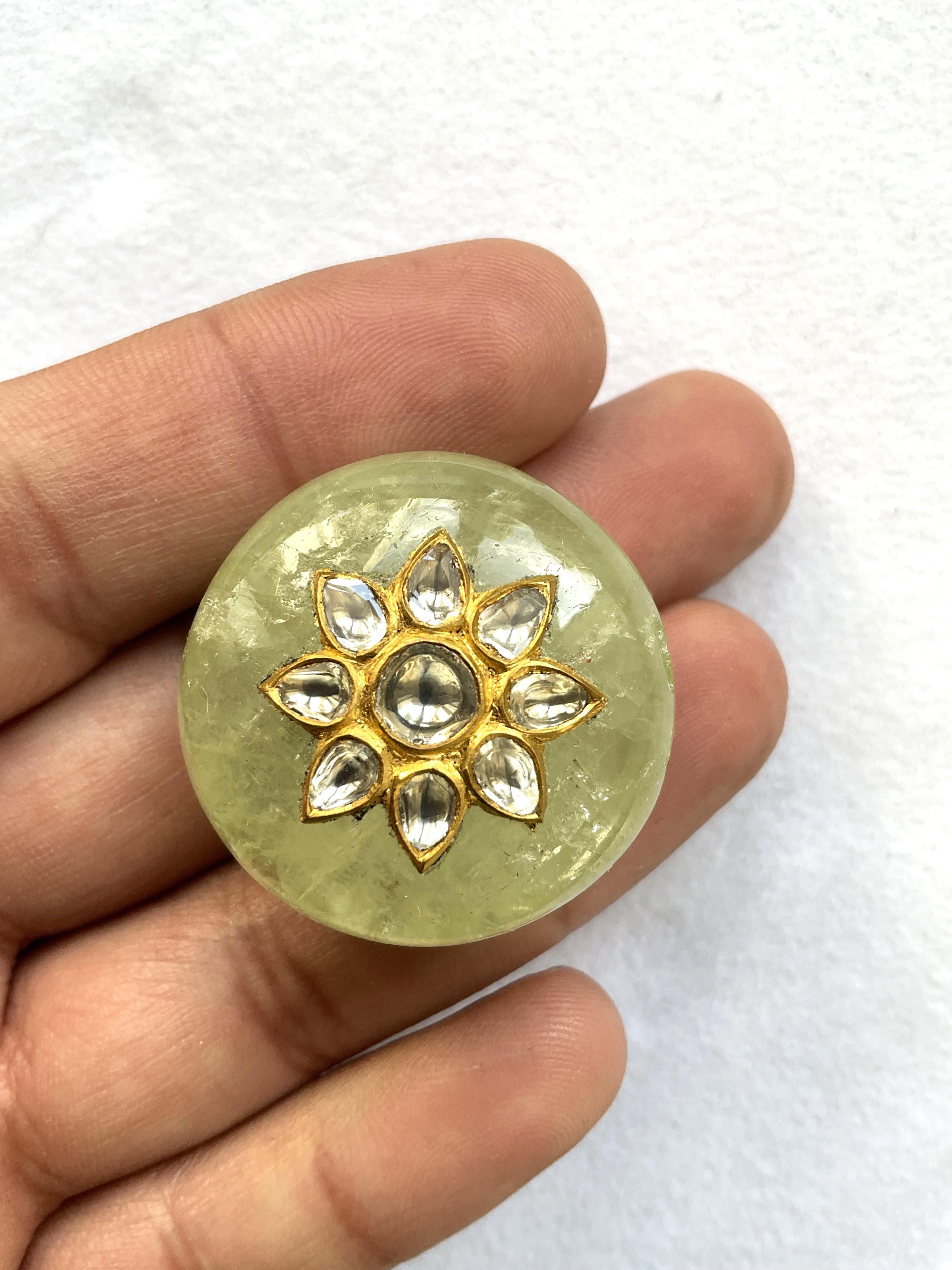 Round Cut Antique Green Beryl 146.20carats Gem with 22kgold Handwork with Natural Diamonds For Sale