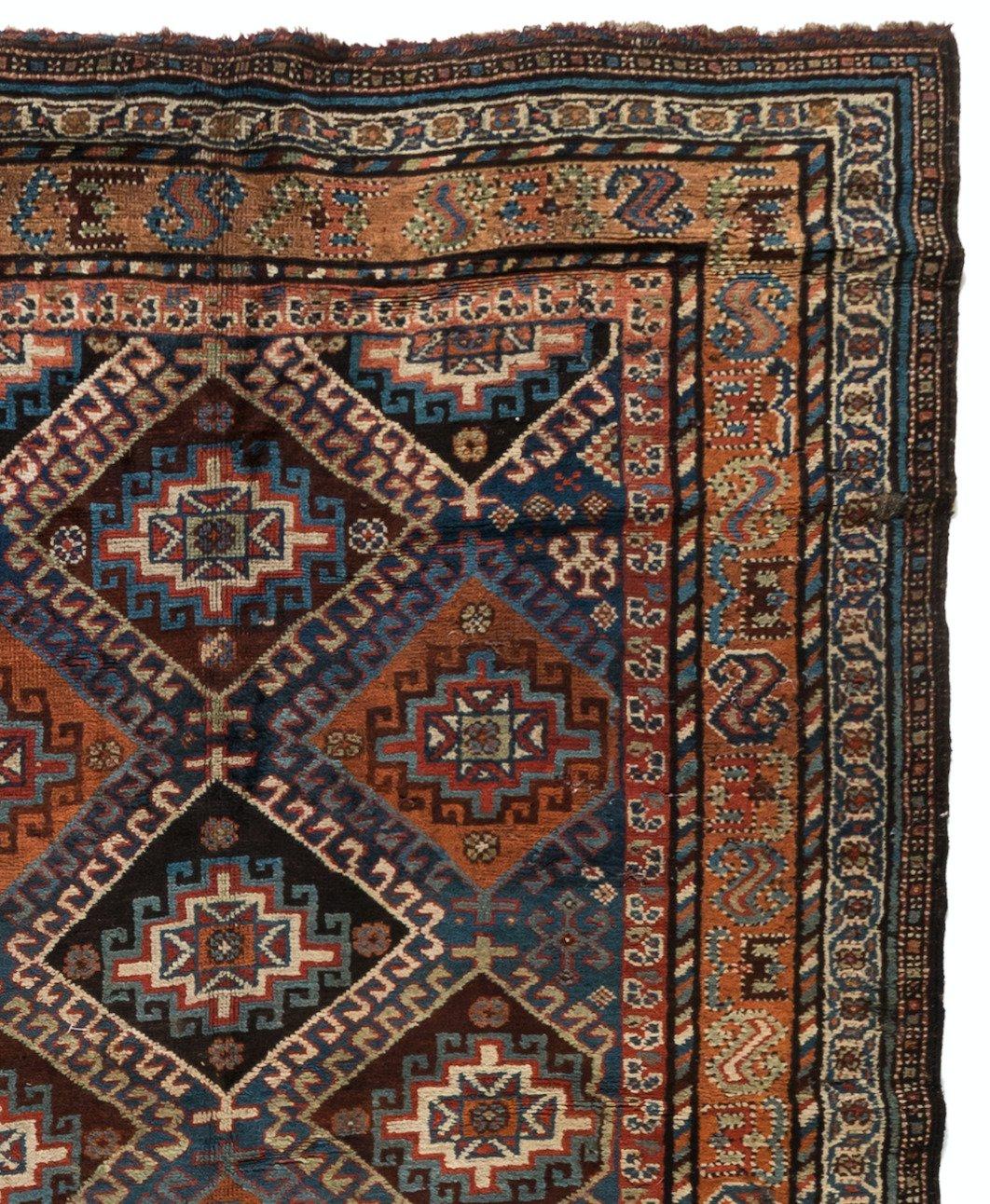 Hand-Knotted Antique Green Blue Tribal Geometric Persian Kurd Area Rug, circa 1920s-1930s For Sale