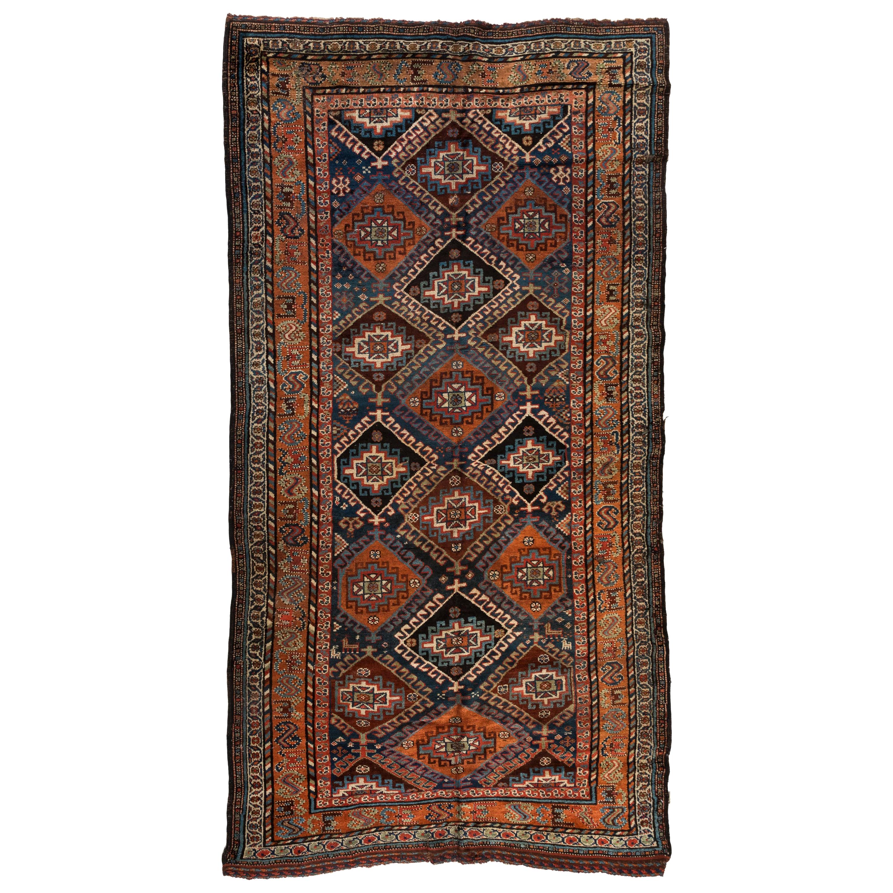 Ancien tapis tribal persan kurde géométrique vert et bleu, vers les années 1920-1930