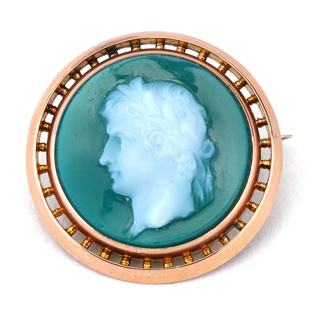 Art Nouveau Antique Green Cameo Pin in 14K Yellow Gold