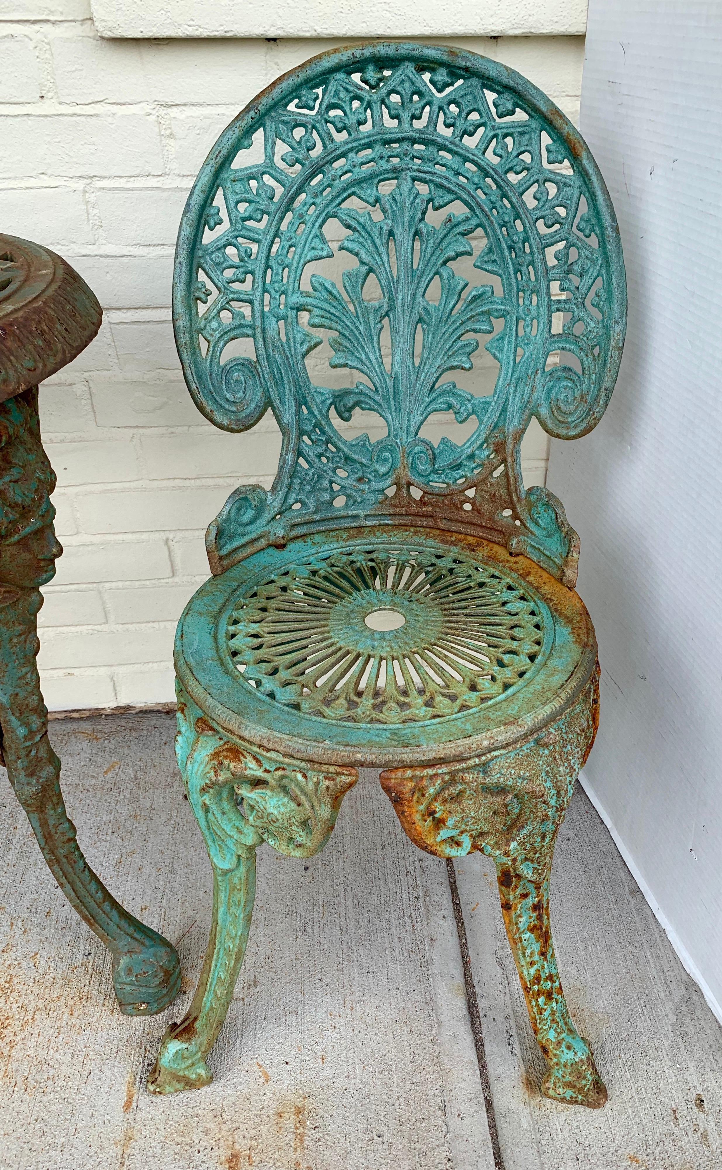 Antique Green Cast Iron Outdoor Bistro Set, Table and Two Chairs 1