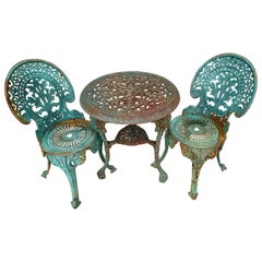 Antique Green Cast Iron Outdoor Bistro Set, Table and Two Chairs