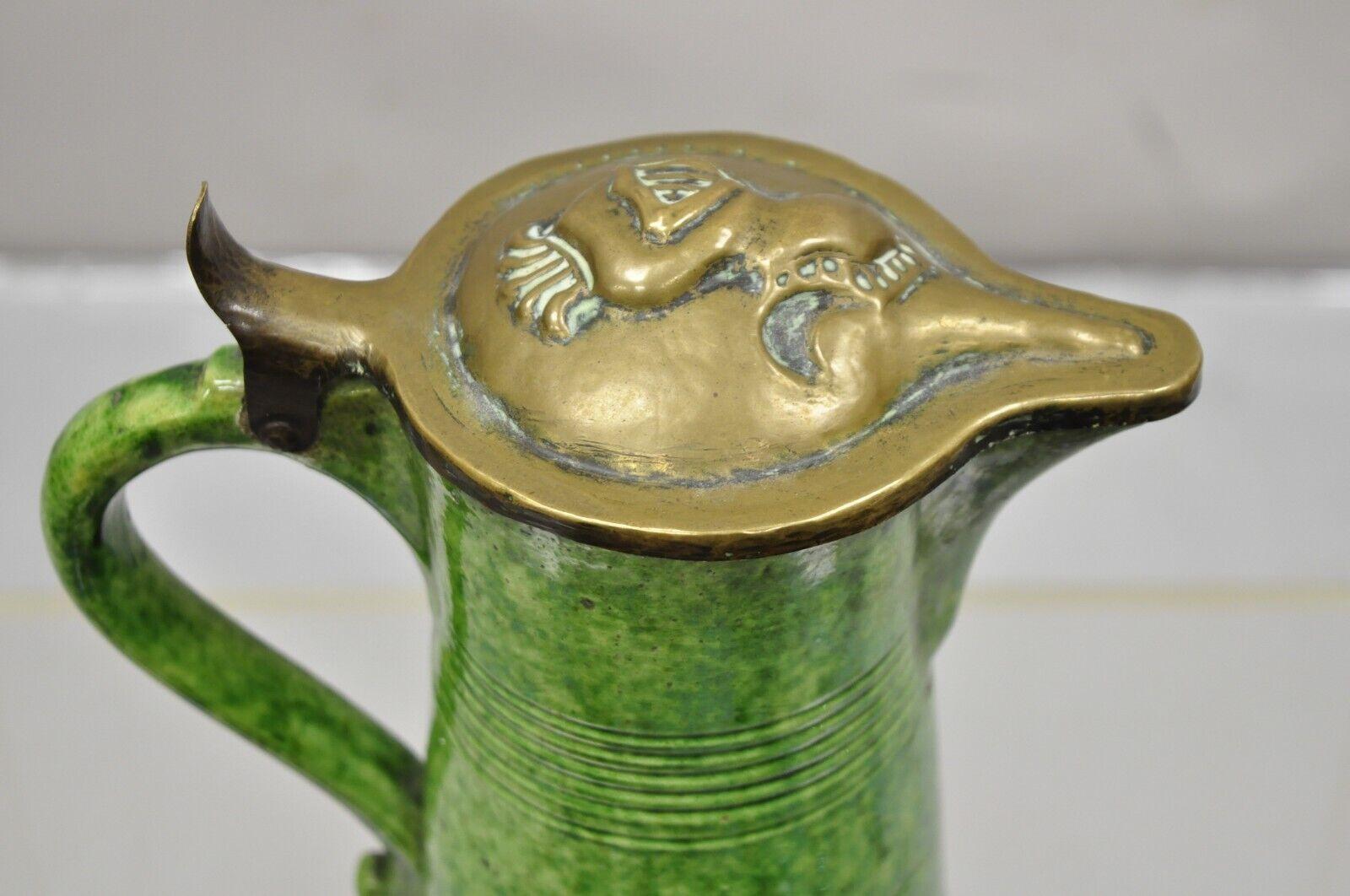 Antique Green Ceramic Gothic Renaissance Pitcher with Brass Soldier Armor Lid For Sale 6