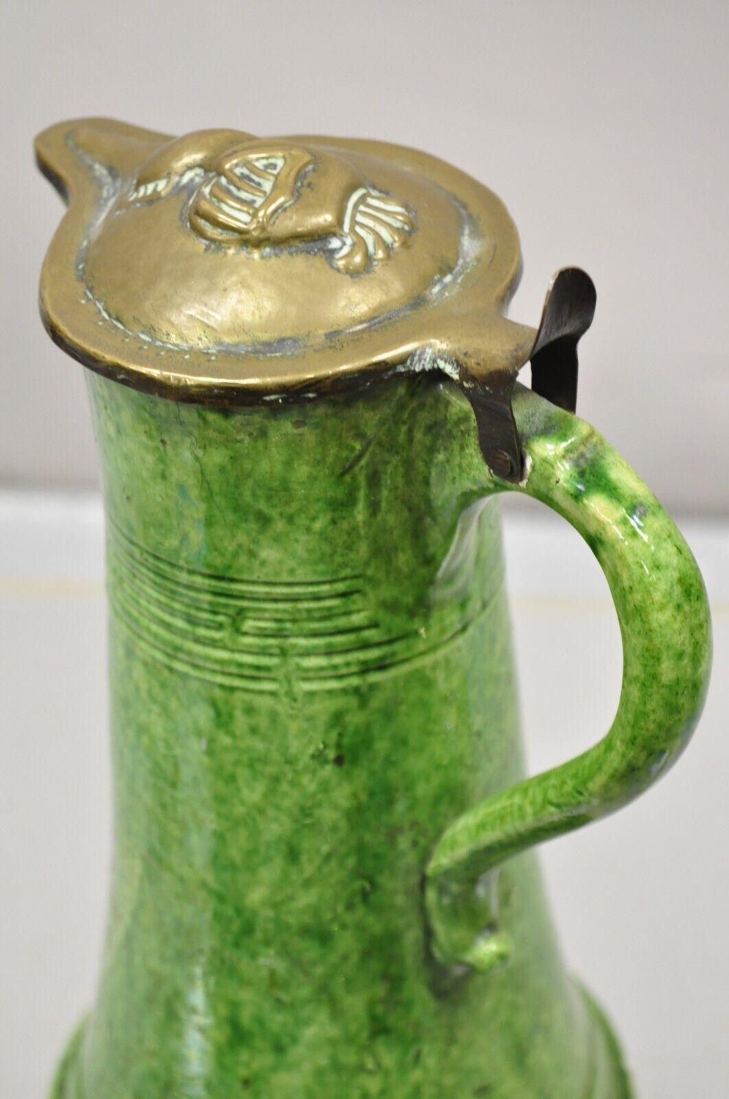 Antique Green Ceramic Gothic Renaissance Pitcher with Brass Soldier Armor Lid In Good Condition For Sale In Philadelphia, PA