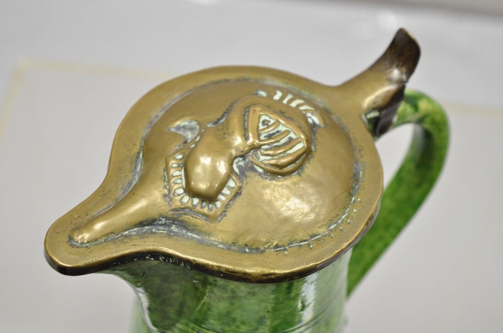Antique Green Ceramic Gothic Renaissance Pitcher with Brass Soldier Armor Lid For Sale 1
