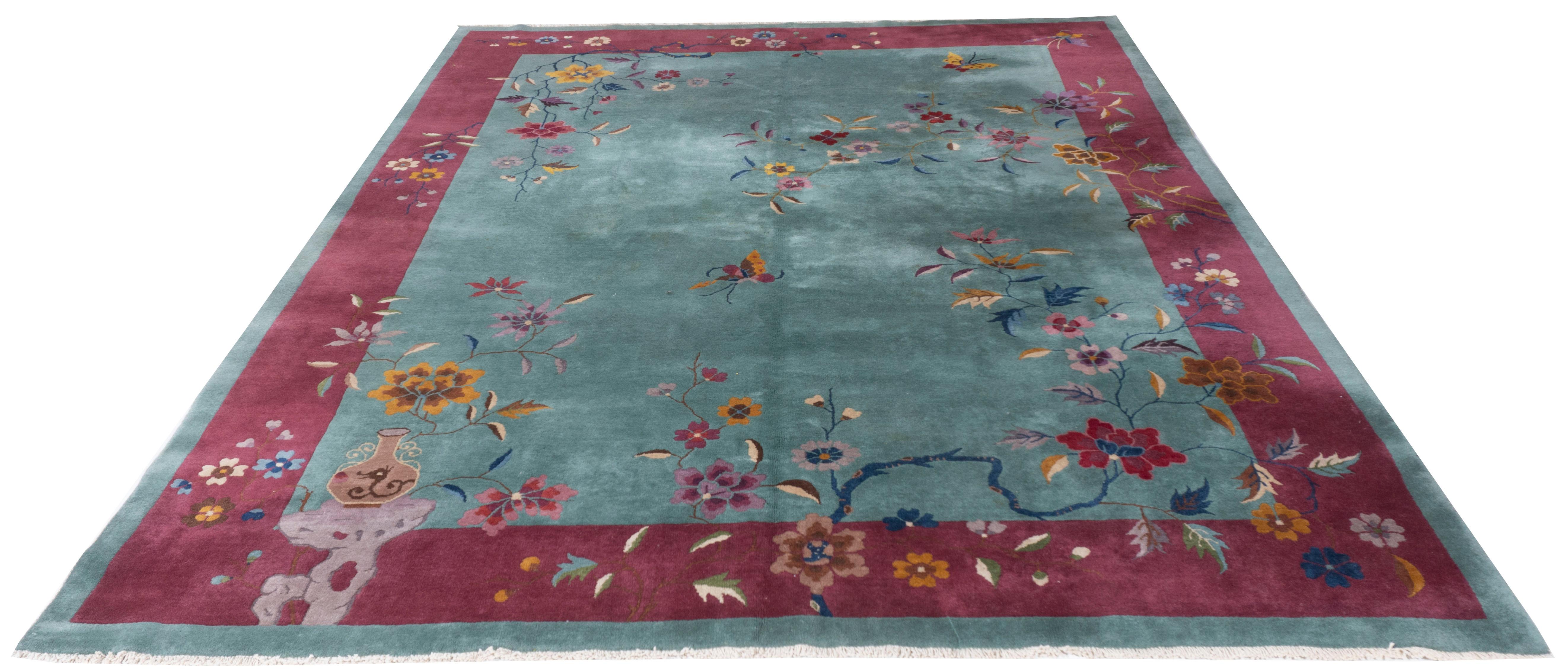 Antique Circa 1923 Green Chinese Art Deco Hand Knotted Rug 8'7 X 11'5 For Sale 13
