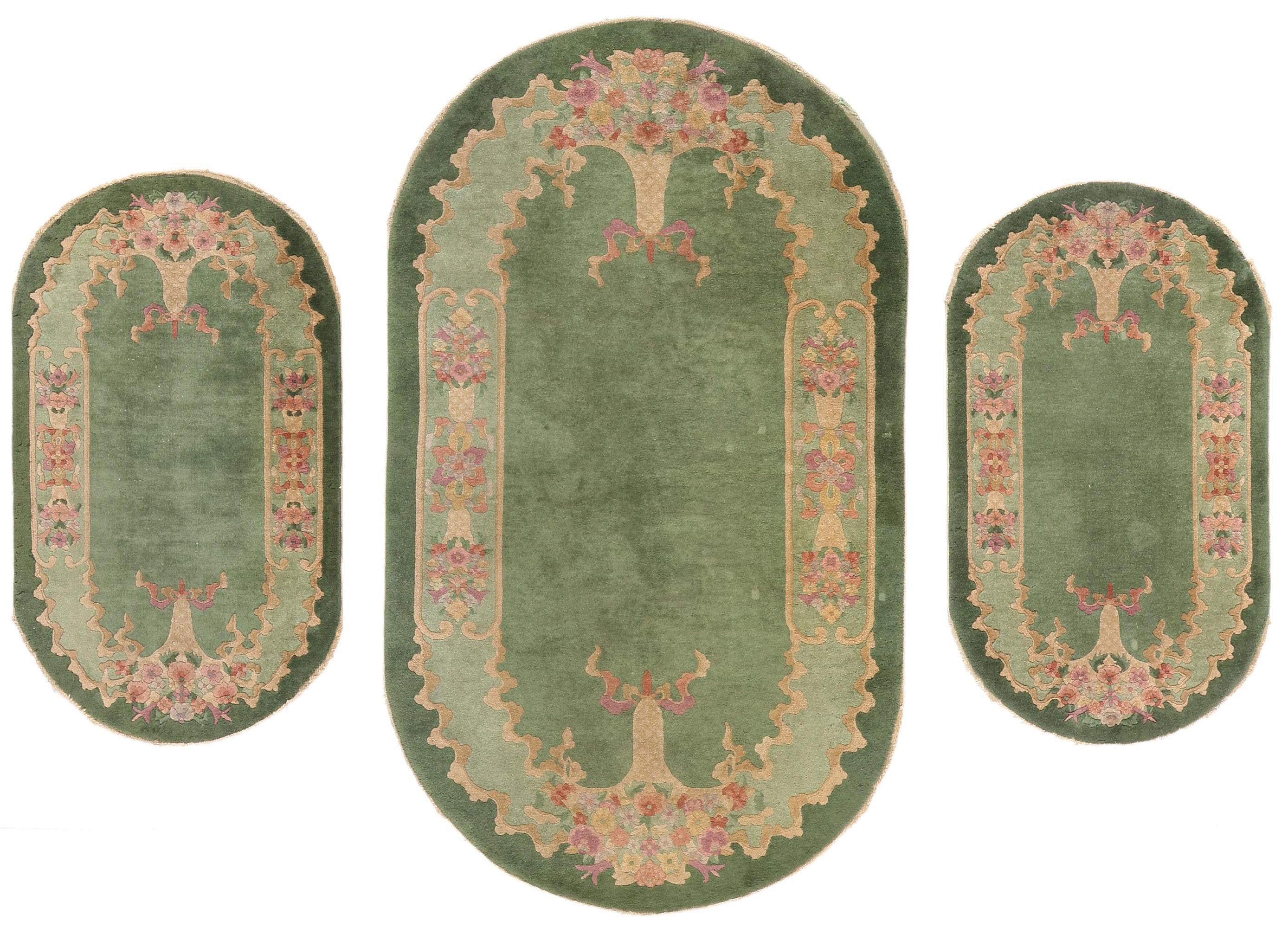 Antique Green Chinese Art Deco Oval Rug, 02'07 x 04'05 For Sale 5