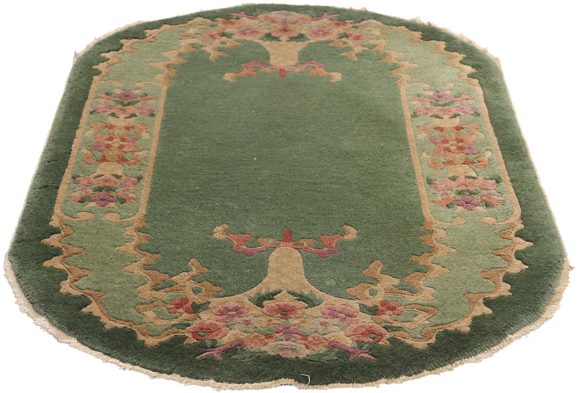 Art déco Tapis ovale Art Déco chinois vert antique, 02'07 x 04'05 en vente