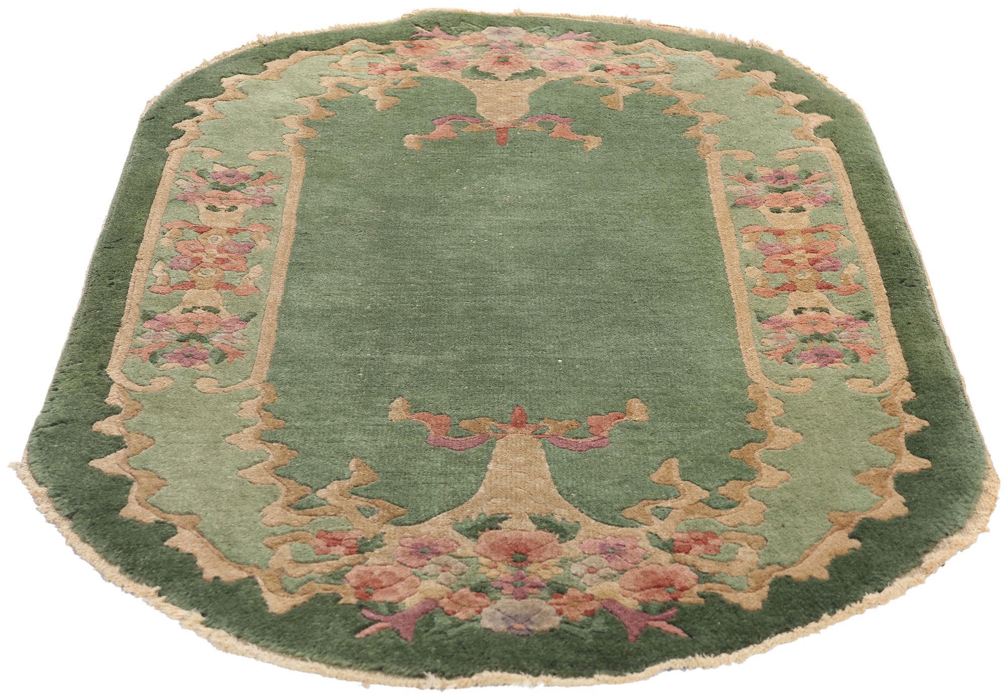 Hand-Knotted Antique Green Chinese Art Deco Oval Rug, 02'07 x 04'05 For Sale