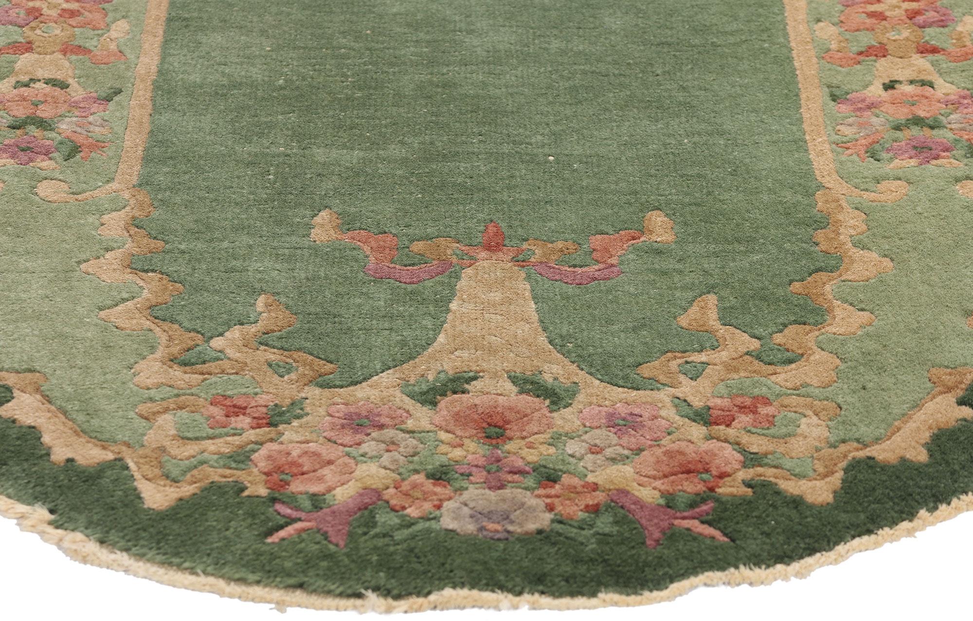 Antique Green Chinese Art Deco Oval Rug, 02'07 x 04'05 In Good Condition For Sale In Dallas, TX
