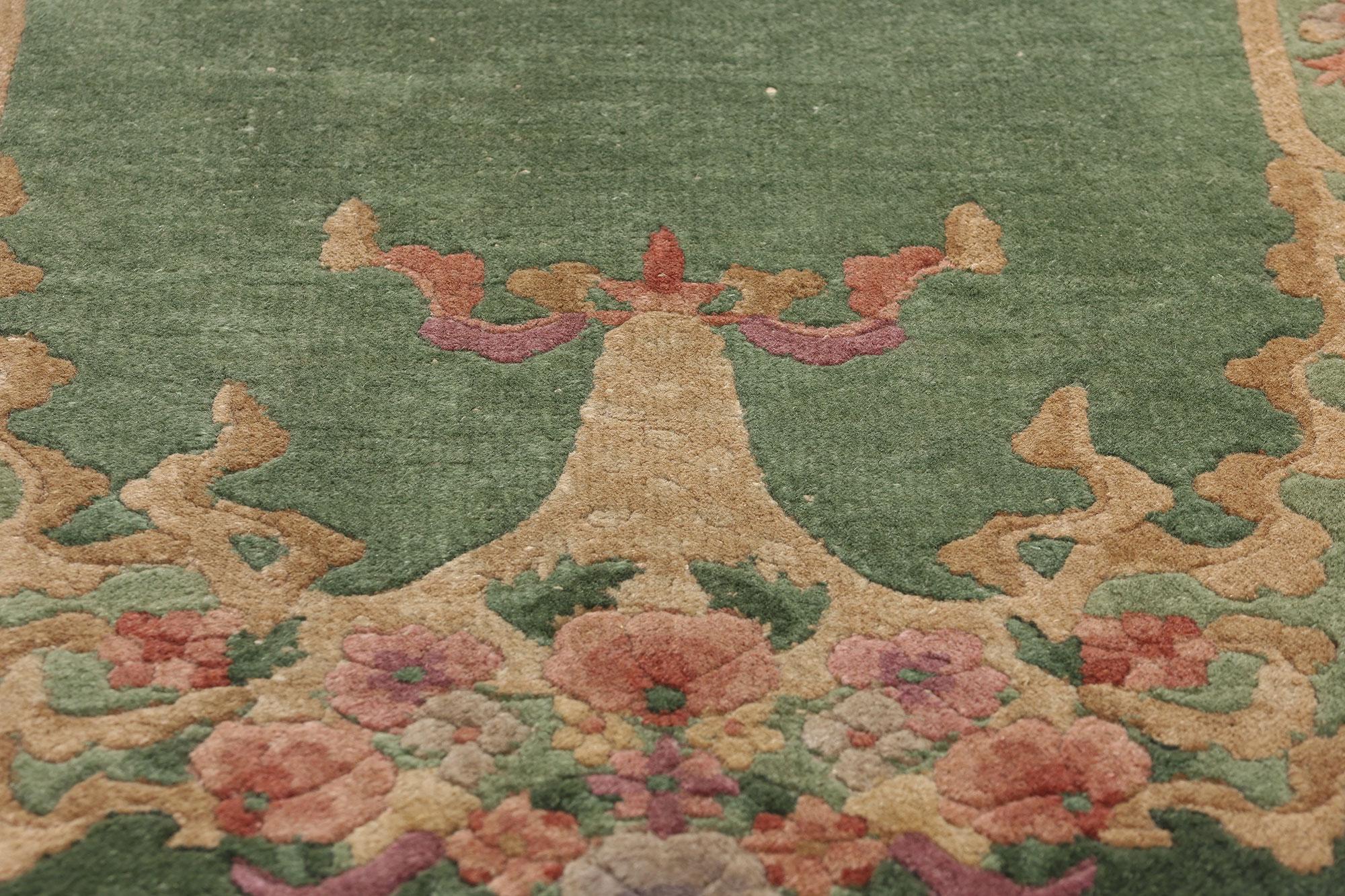 20th Century Antique Green Chinese Art Deco Oval Rug, 02'07 x 04'05 For Sale