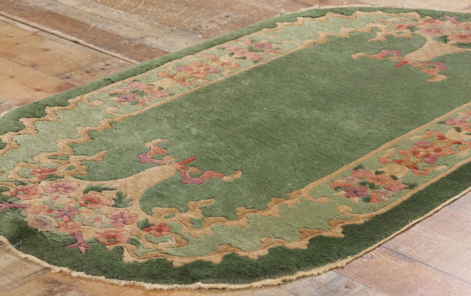 20ième siècle Tapis ovale Art Déco chinois vert antique, 02'07 x 04'05 en vente
