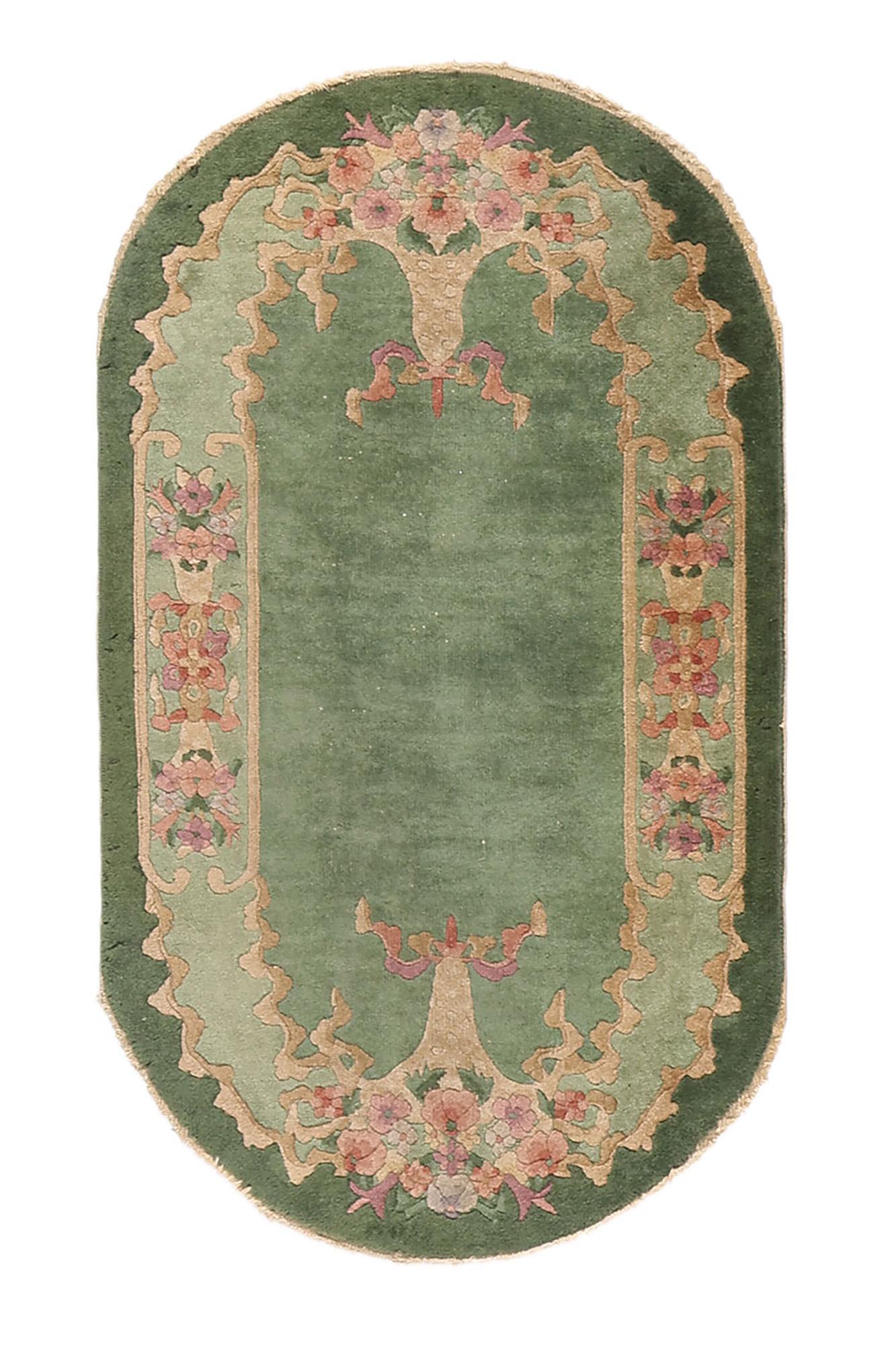 Antique Green Chinese Art Deco Oval Rug, 02'07 x 04'05 For Sale 3