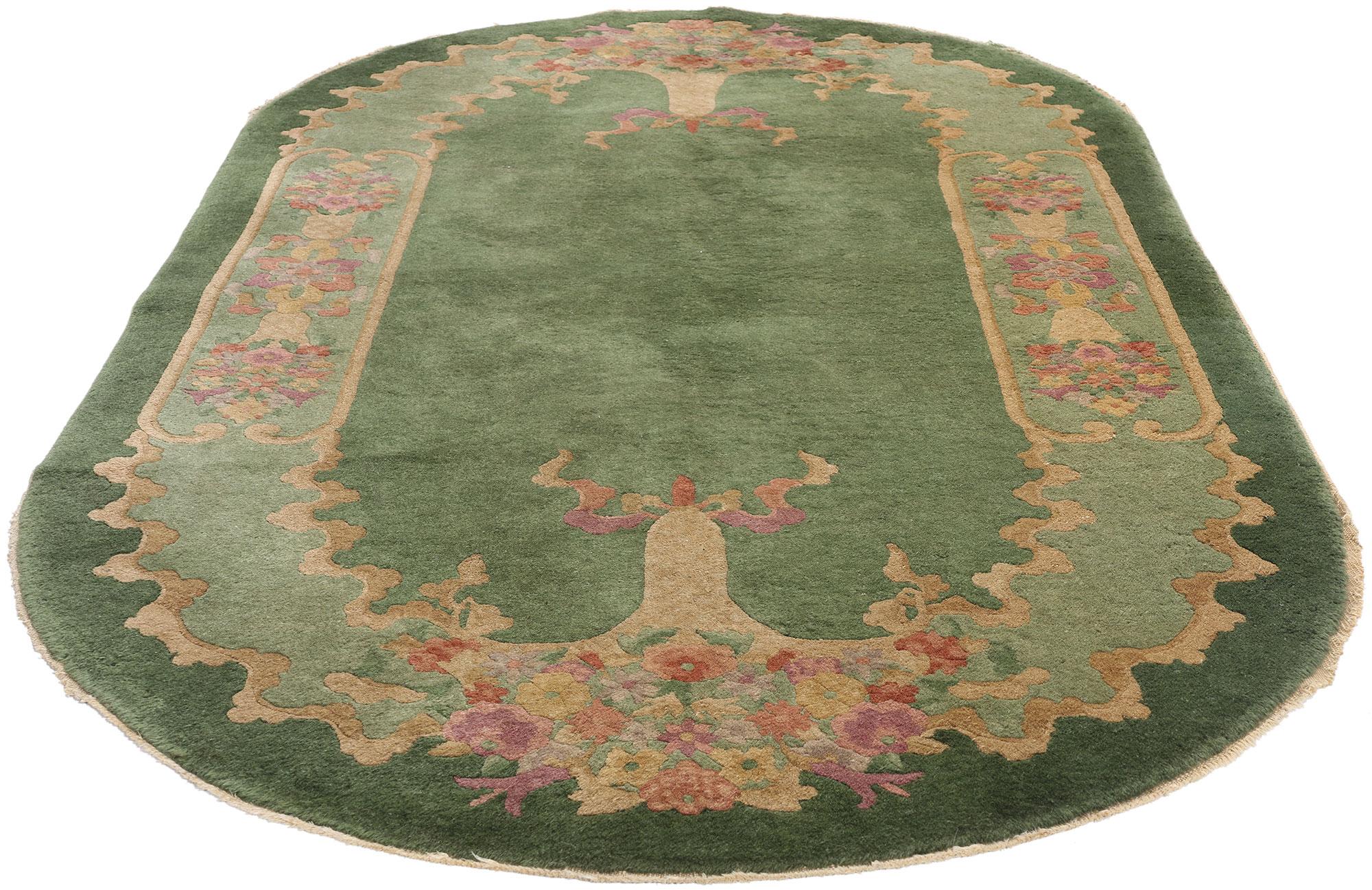 Hand-Knotted Antique Green Chinese Art Deco Oval Rug, 04'00 x 06'10 For Sale