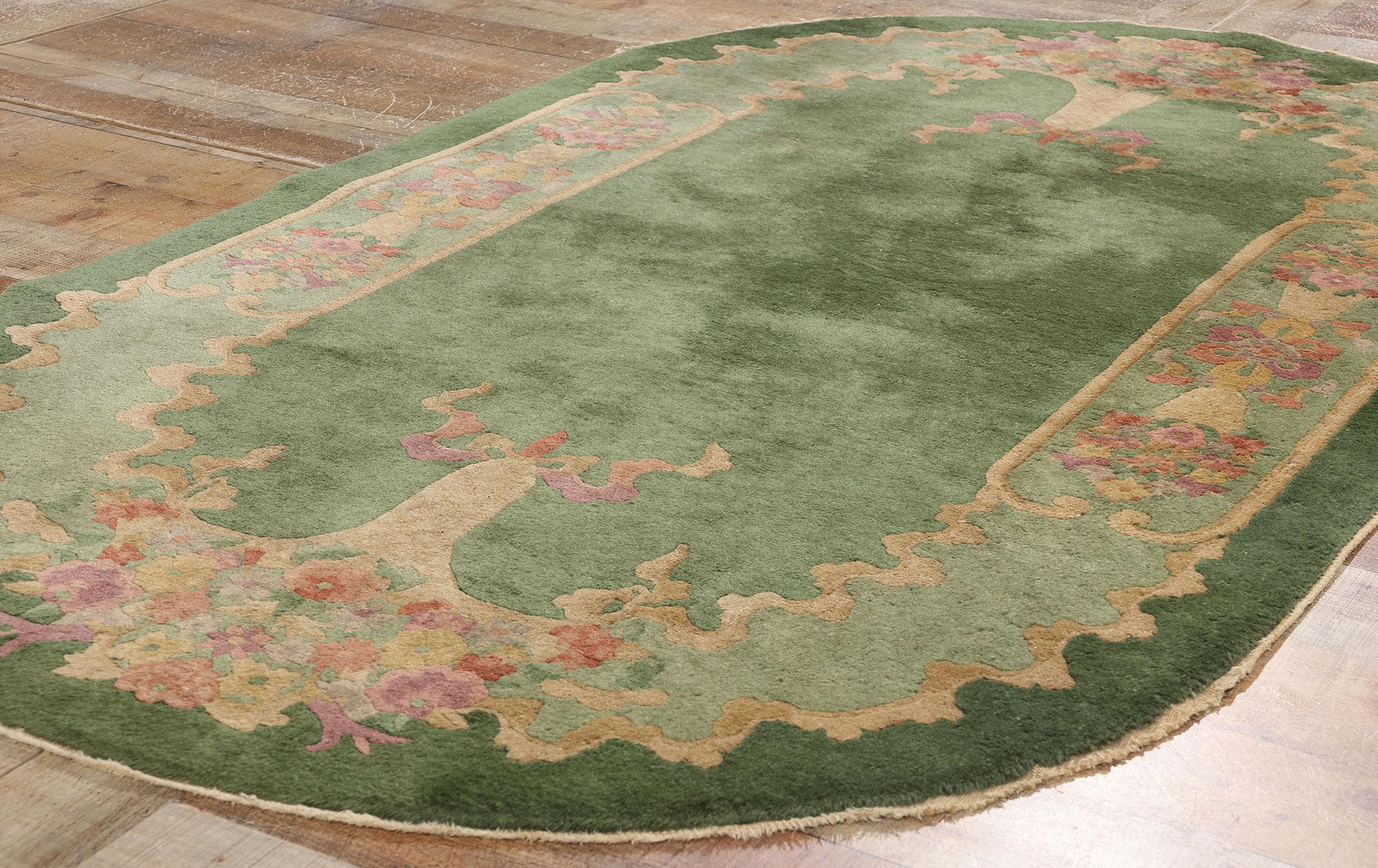 Antique Green Chinese Art Deco Oval Rug, 04'00 x 06'10 For Sale 1