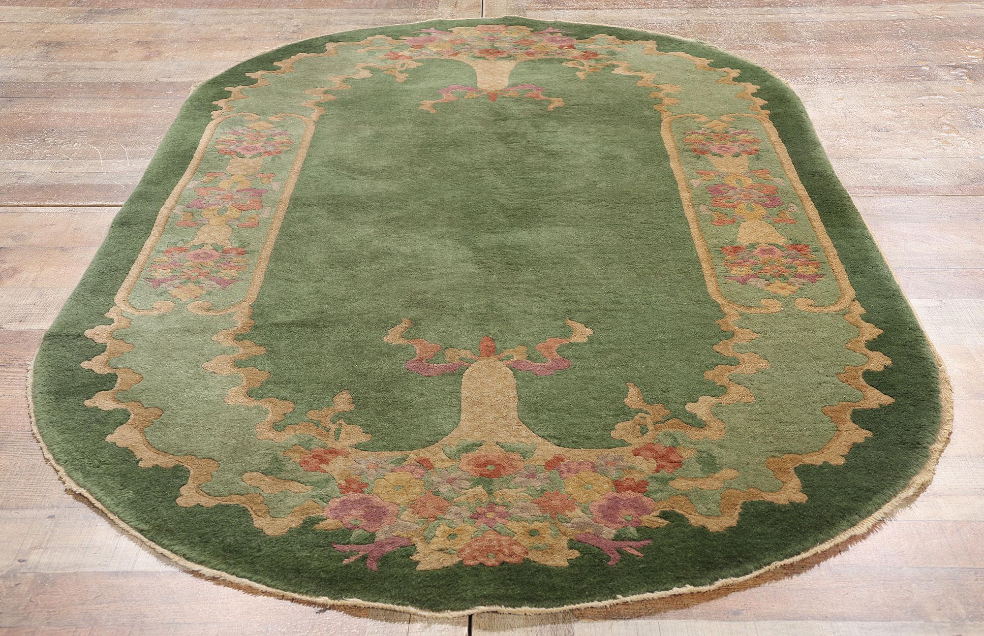 Antique Green Chinese Art Deco Oval Rug, 04'00 x 06'10 For Sale 2