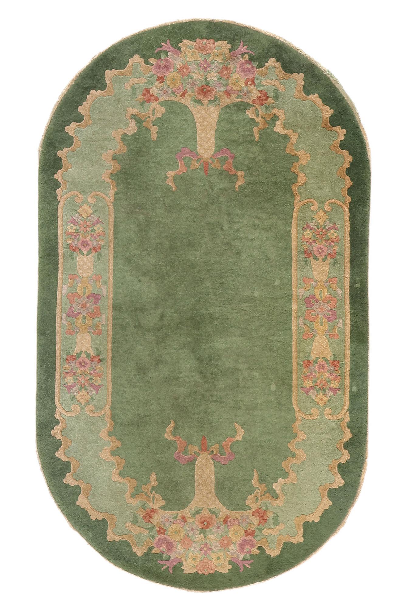 Antique Green Chinese Art Deco Oval Rug, 04'00 x 06'10 For Sale 3