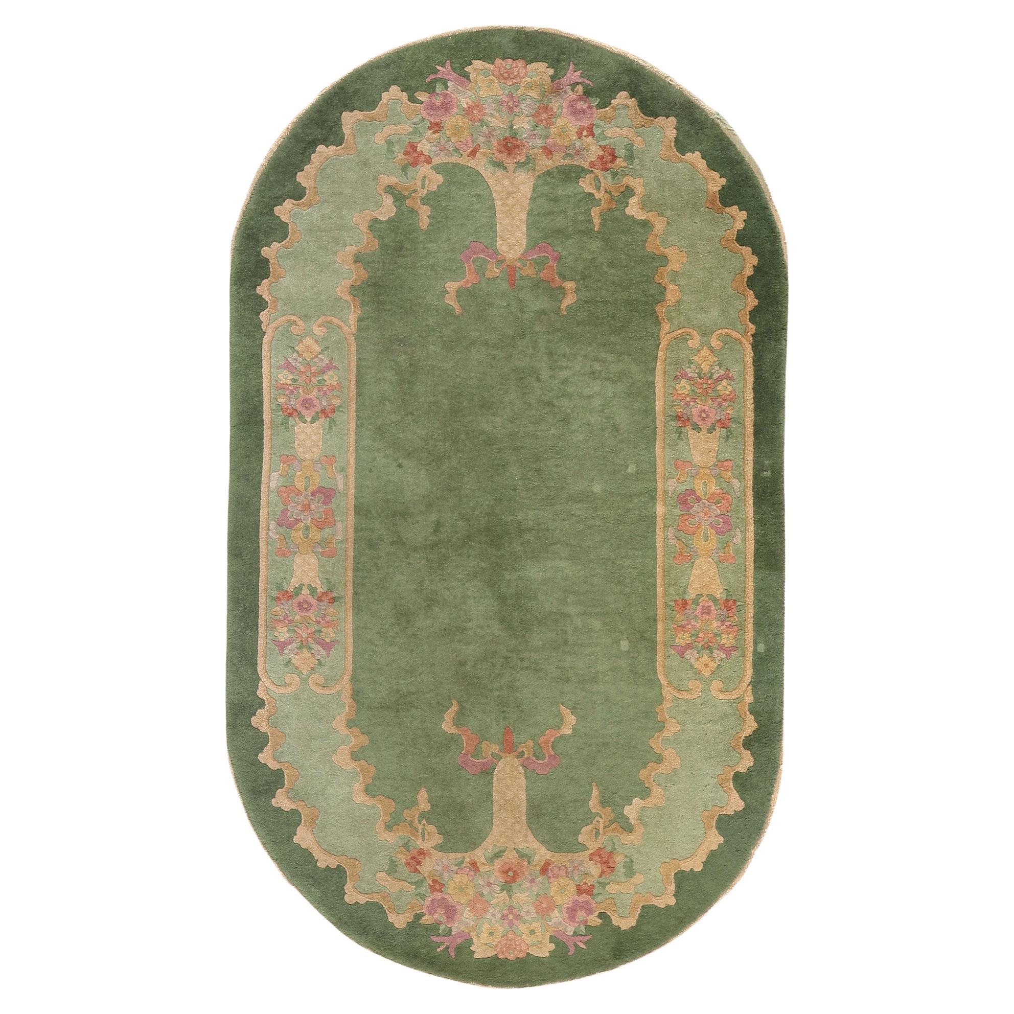 Antique Green Chinese Art Deco Oval Rug, 04'00 x 06'10 For Sale