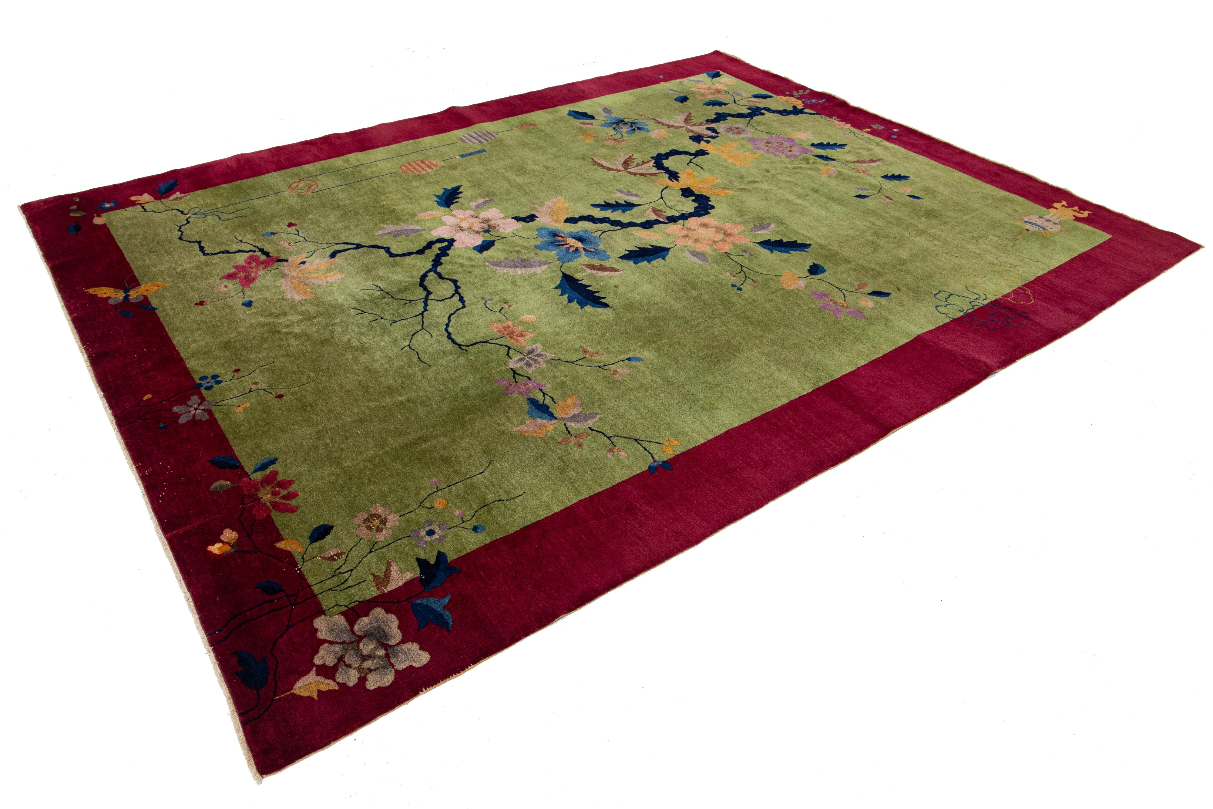 Antique Green Chinese Art Deco Rug with Multoclor Floral Design In Good Condition For Sale In Norwalk, CT
