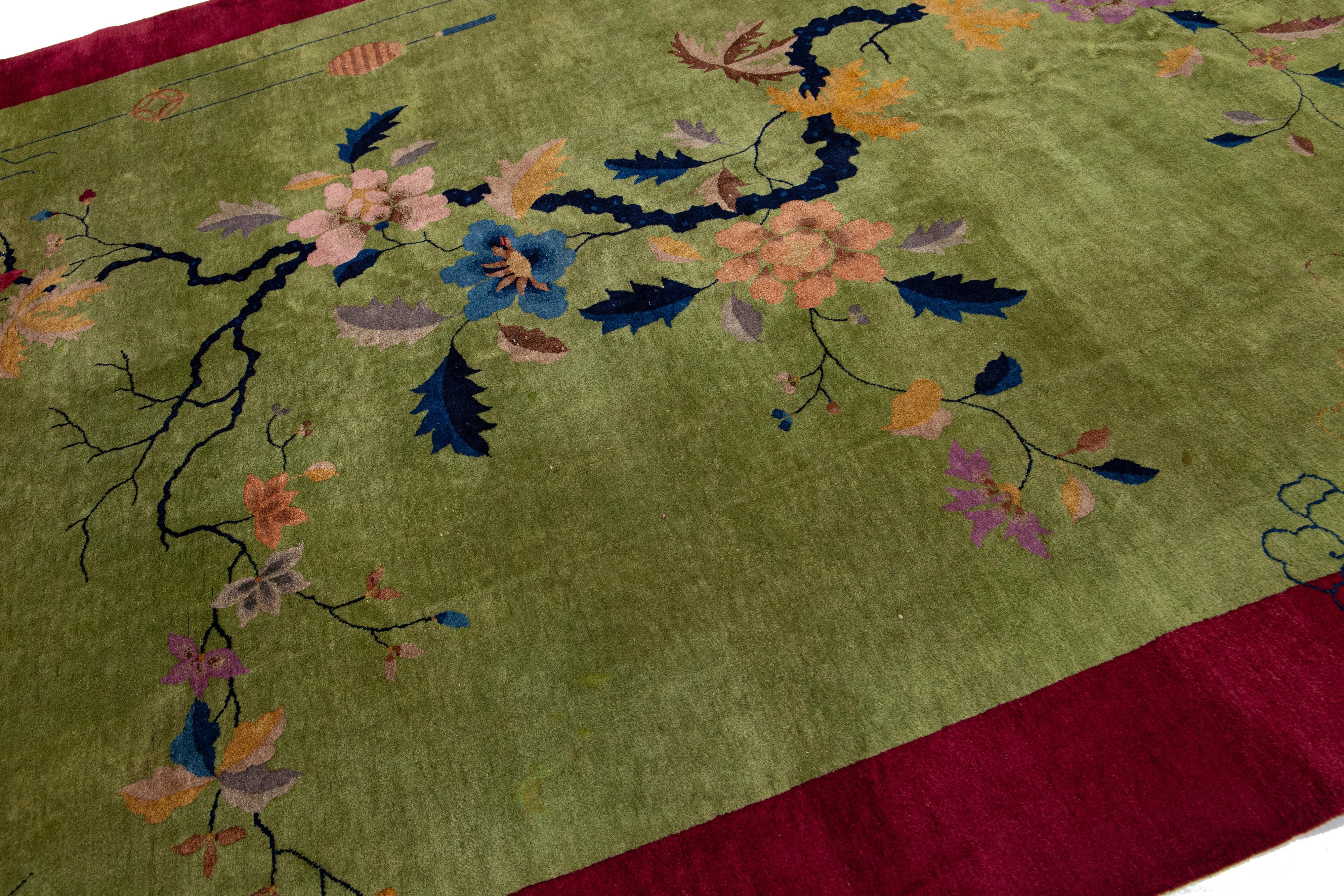 20th Century Antique Green Chinese Art Deco Rug with Multoclor Floral Design For Sale