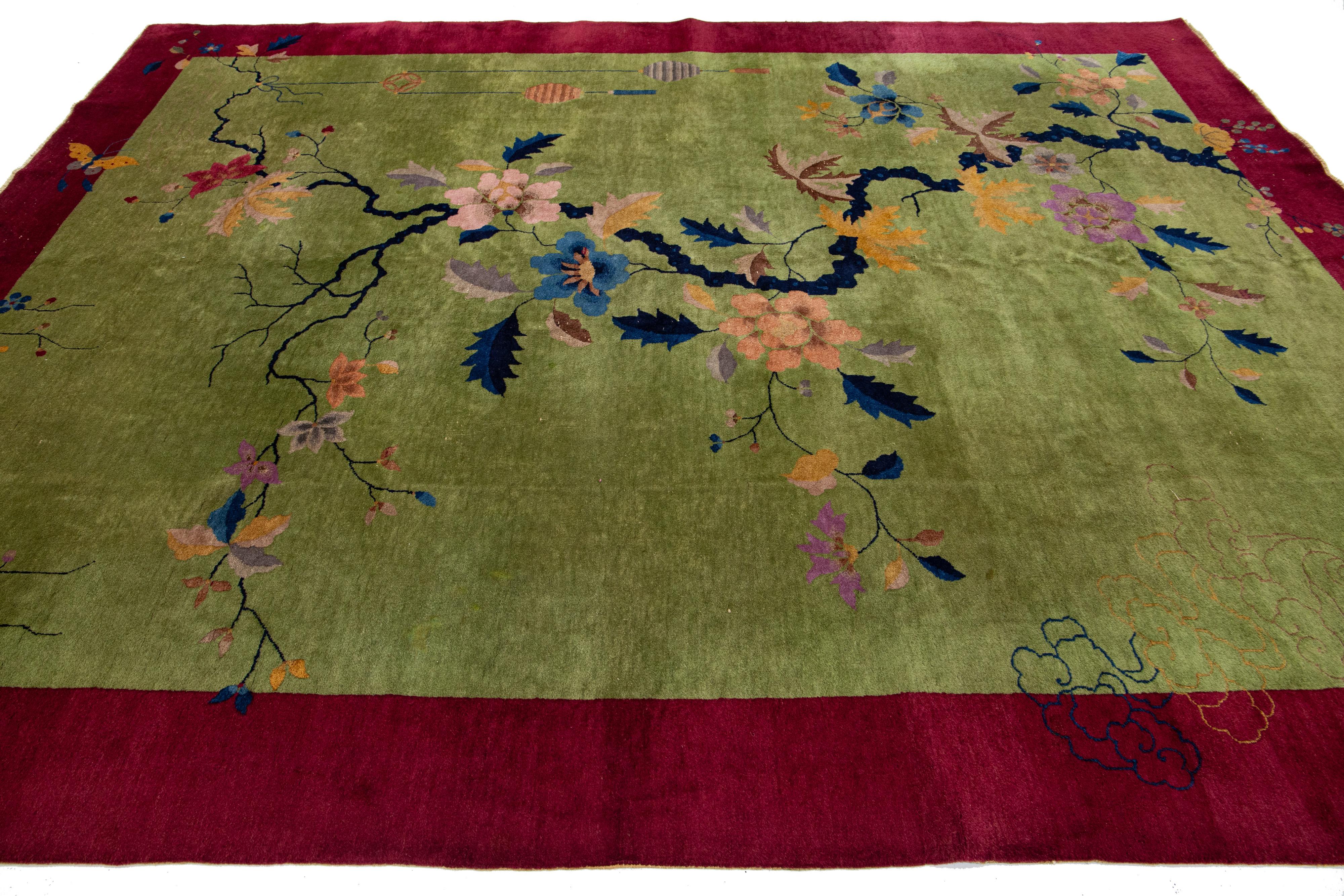 Wool Antique Green Chinese Art Deco Rug with Multoclor Floral Design For Sale
