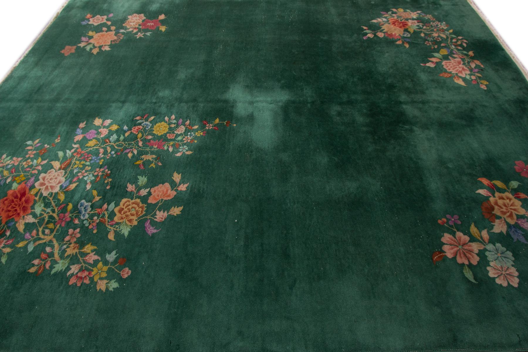 Hand-Knotted Antique Green Chinese Art Deco Wool Rug