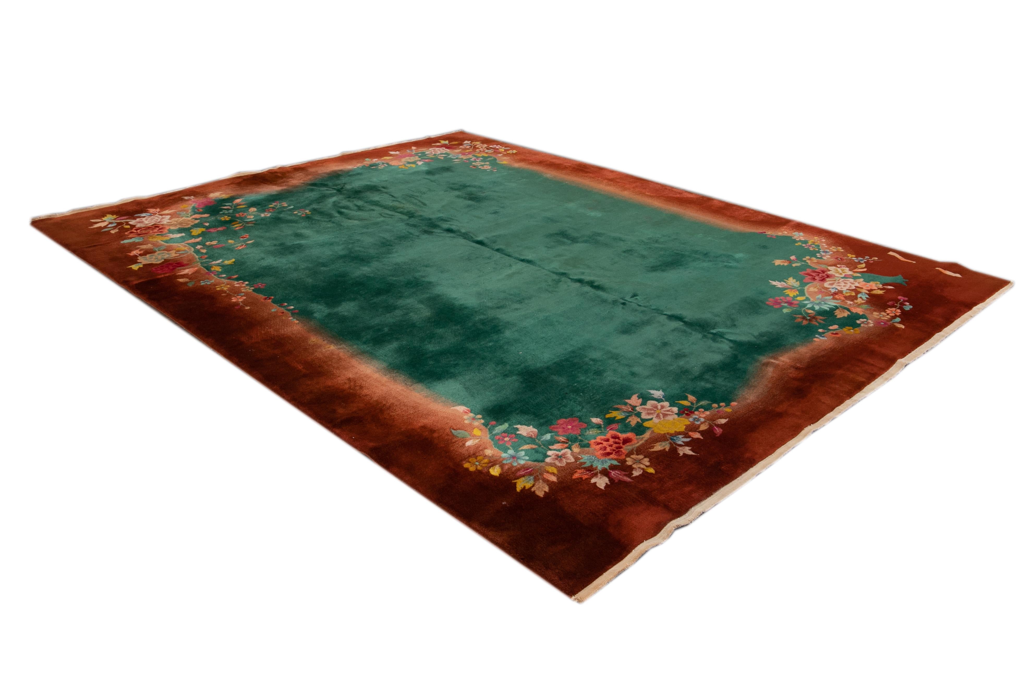 Antique Green Chinese Peking Wool Rug For Sale 4