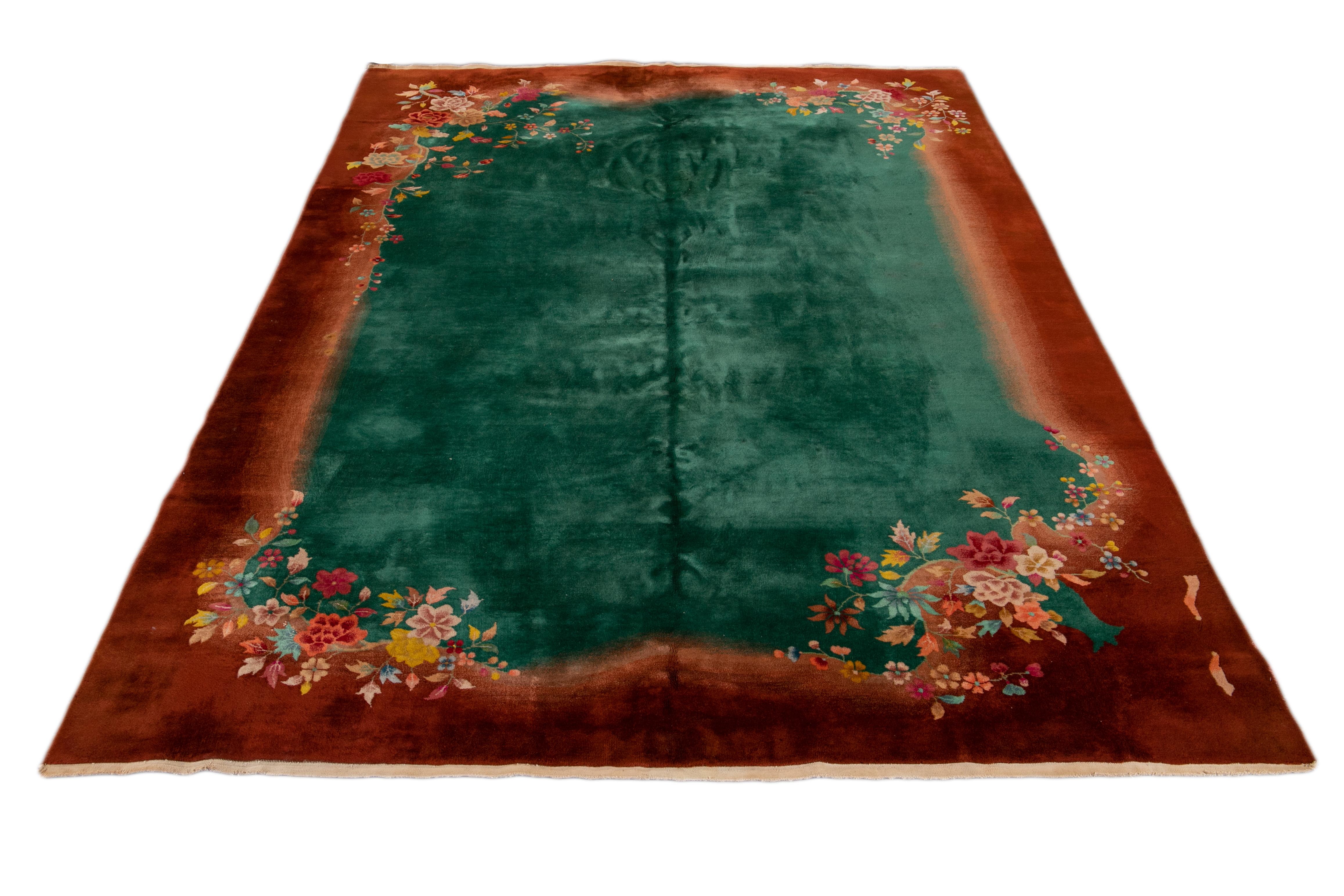 Chinese Export Antique Green Chinese Peking Wool Rug For Sale