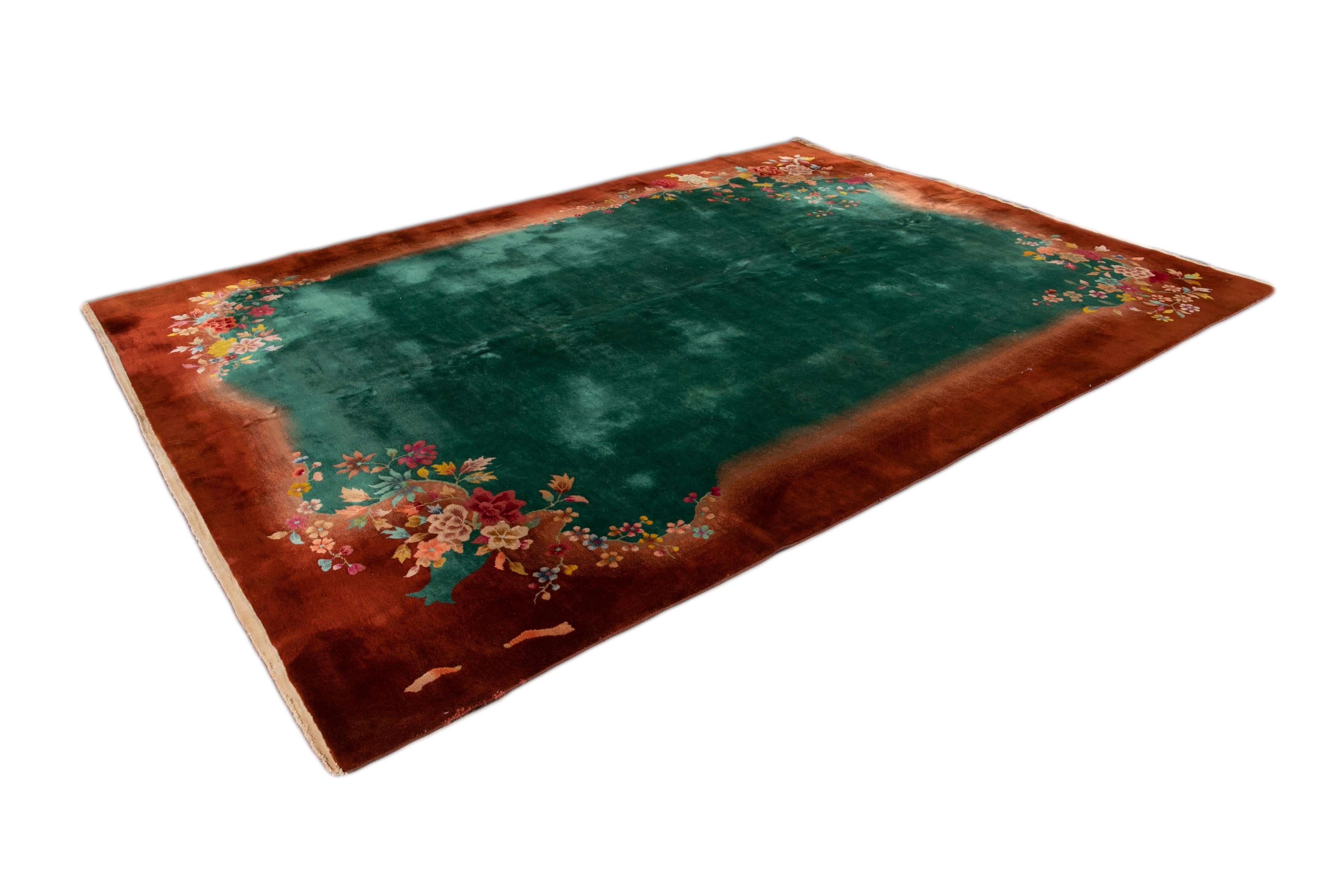 20th Century Antique Green Chinese Peking Wool Rug For Sale