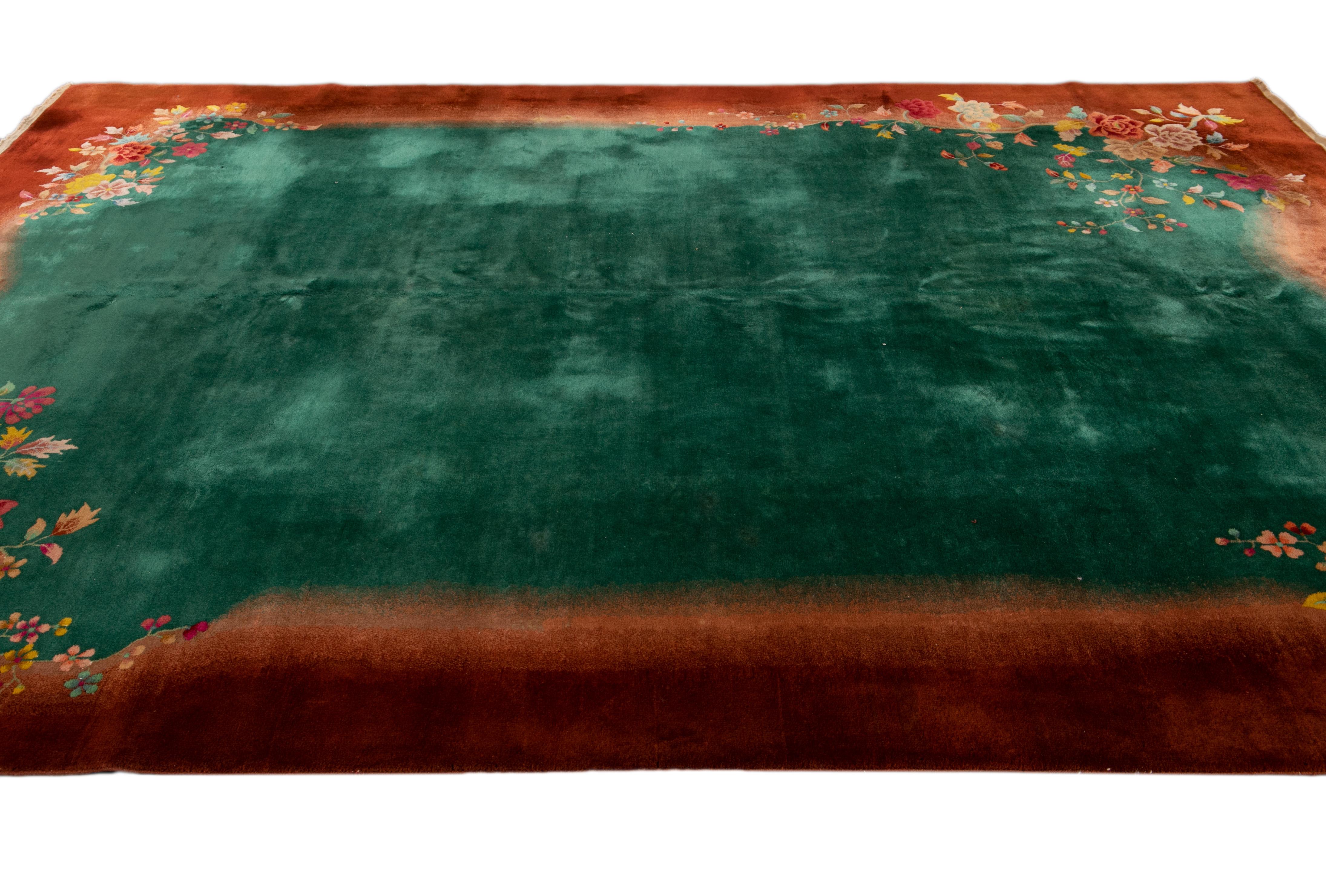 Antique Green Chinese Peking Wool Rug For Sale 2