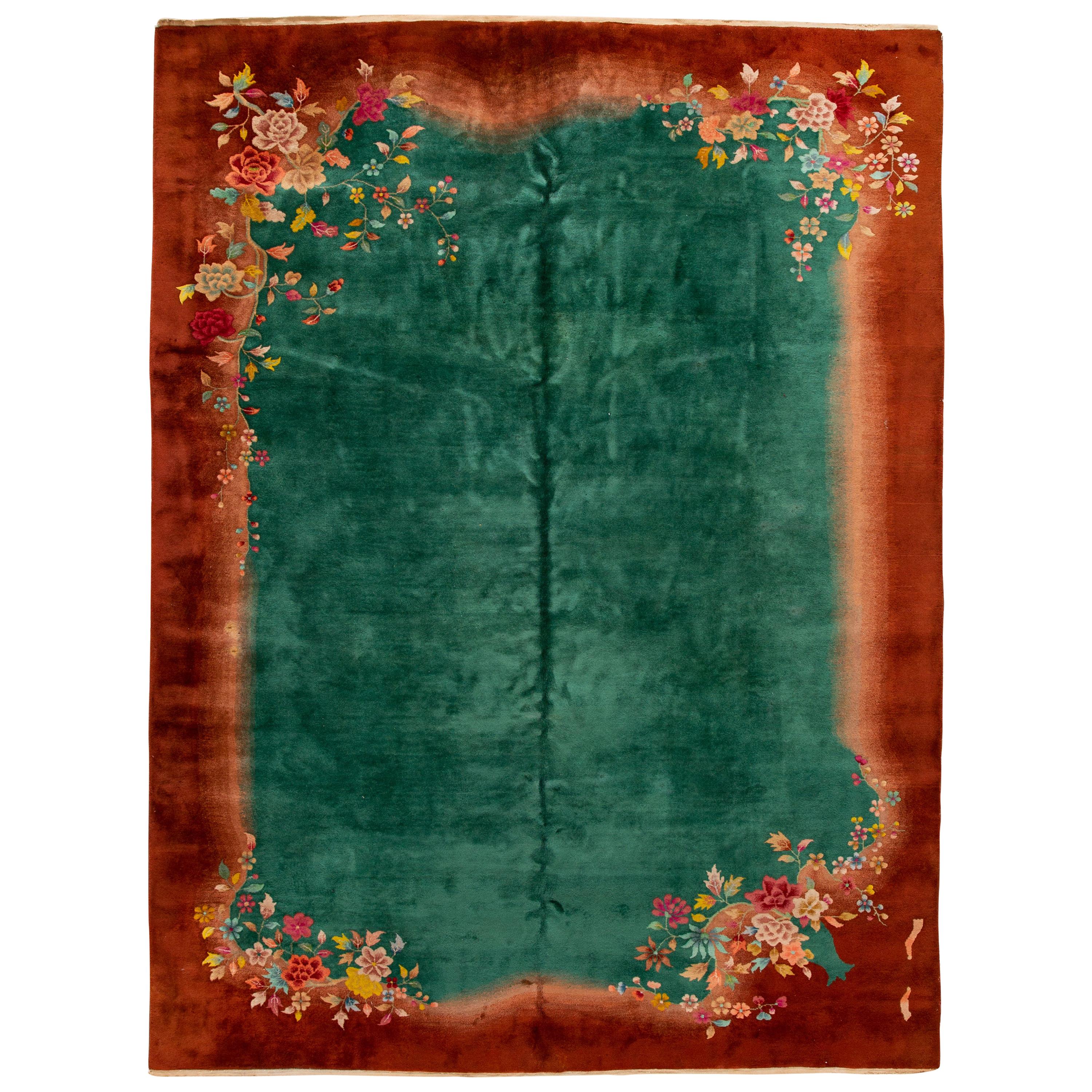 Antique Green Chinese Peking Wool Rug For Sale