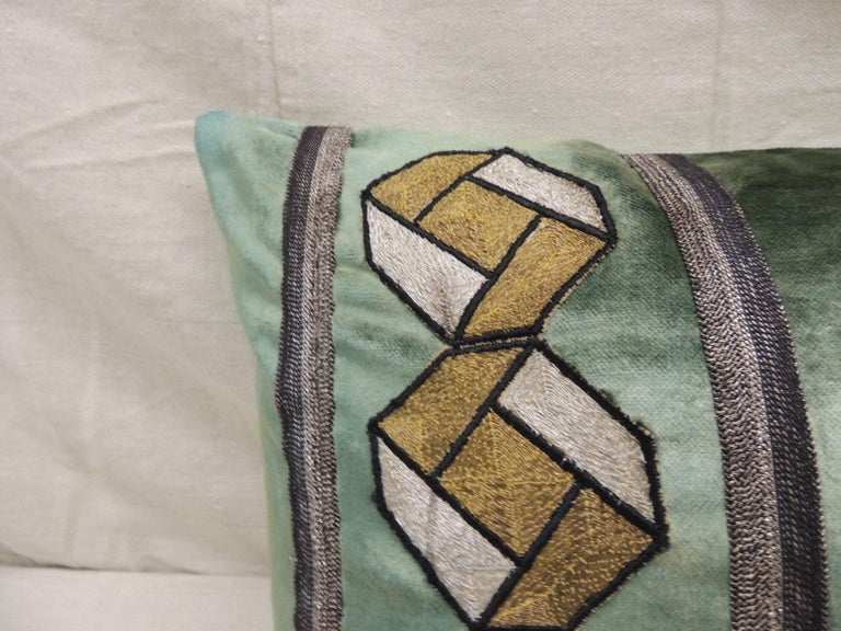 Hollywood Regency Antique Green Crushed Silk Velvet Long Bolster Decorative Pillow For Sale