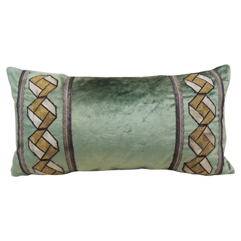 Antique Green Crushed Silk Velvet Long Bolster Decorative Pillow For Sale